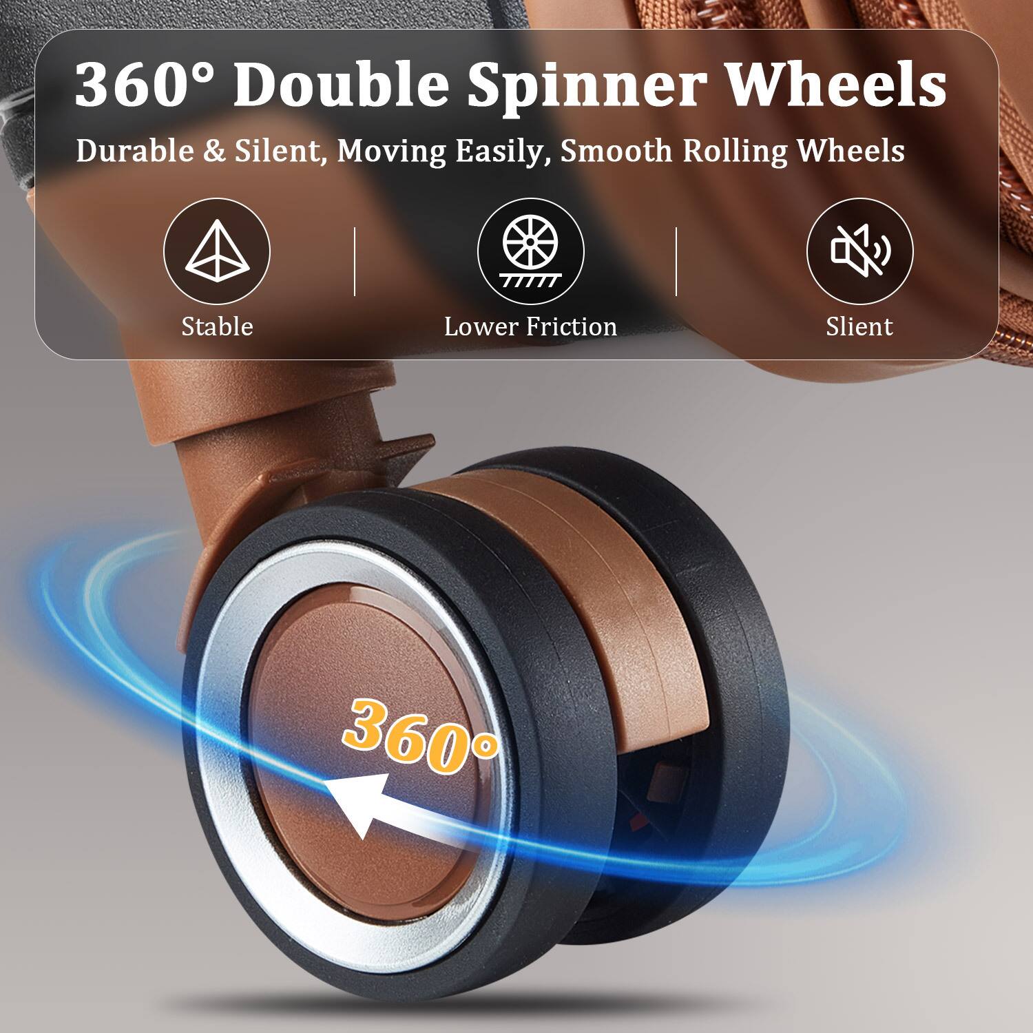 360° Double Spinner Wheels  
Durable & Silent, Moving Easily, Smooth Rolling Wheels  

- Stable  
- Lower Friction  
- Silent  

360°