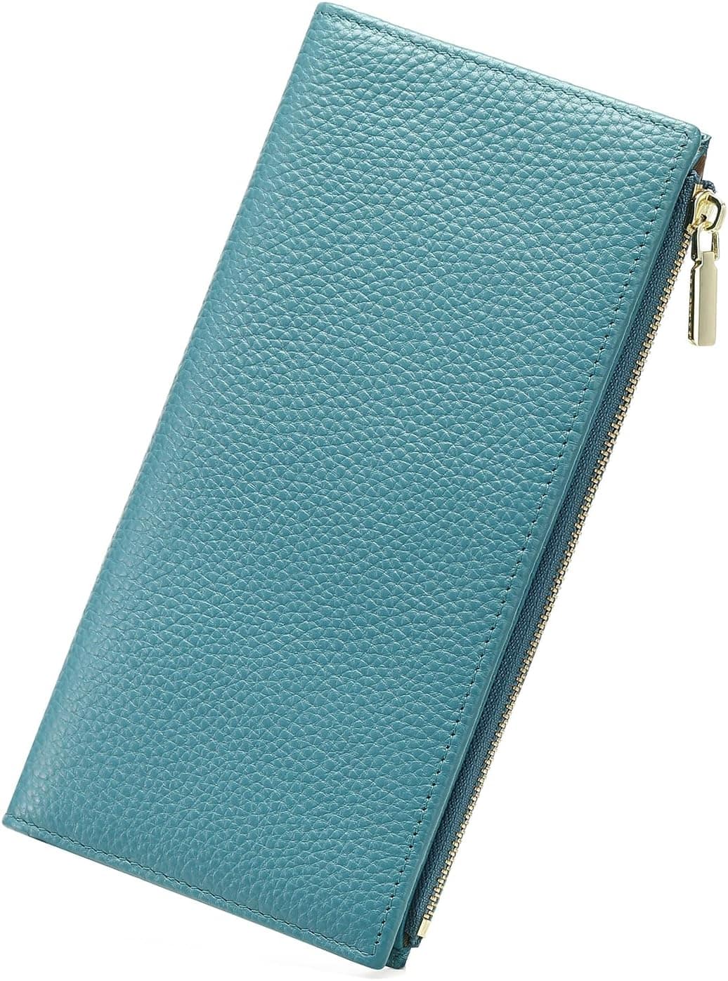 Wikistore - Slim Wallet for Women RFID Blocking Credit Card Holder Vegan Pebble Leather - Blue