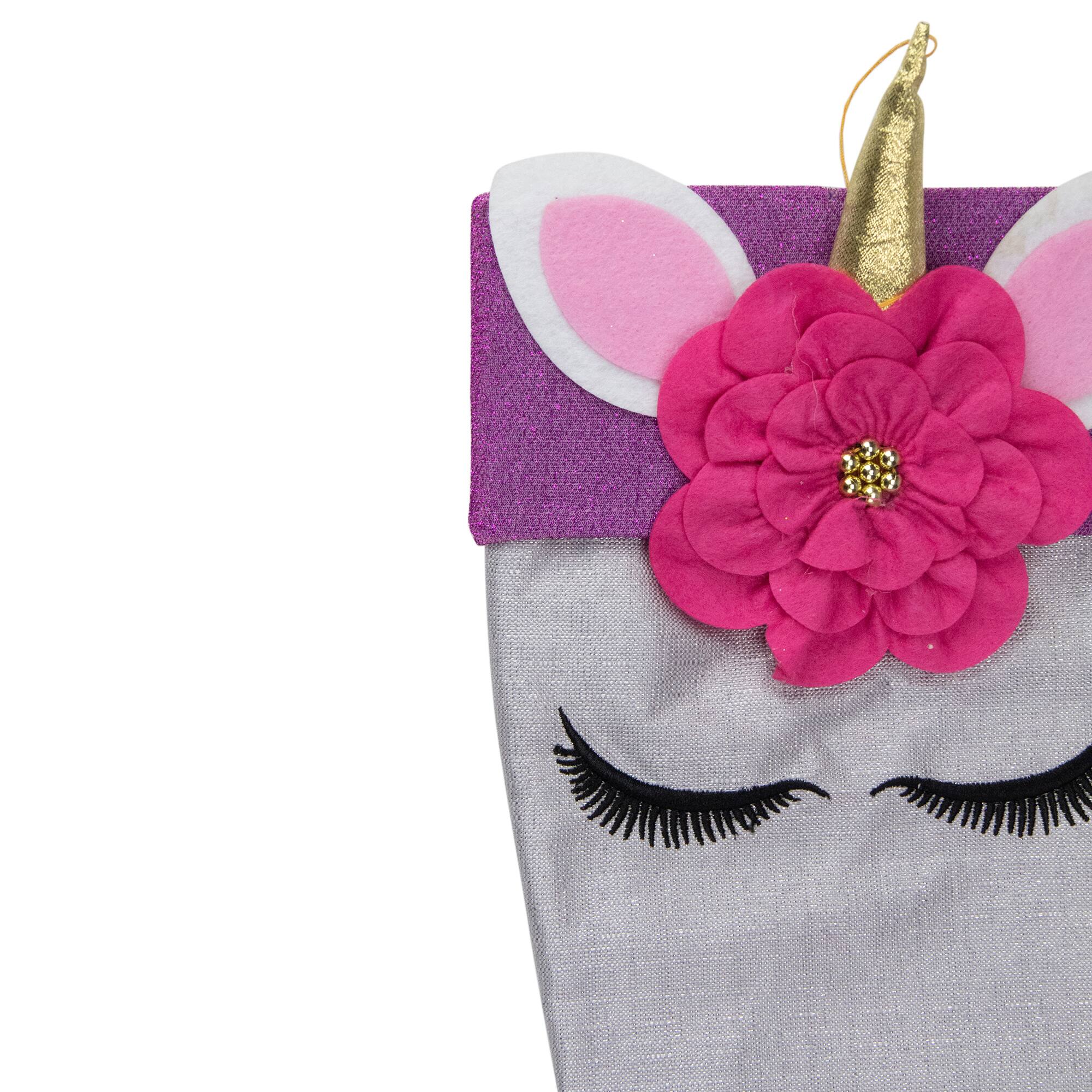 Alt View 2. Dyno - 20" White Unicorn Face Christmas Stocking with Purple Bow and Cuff - White.