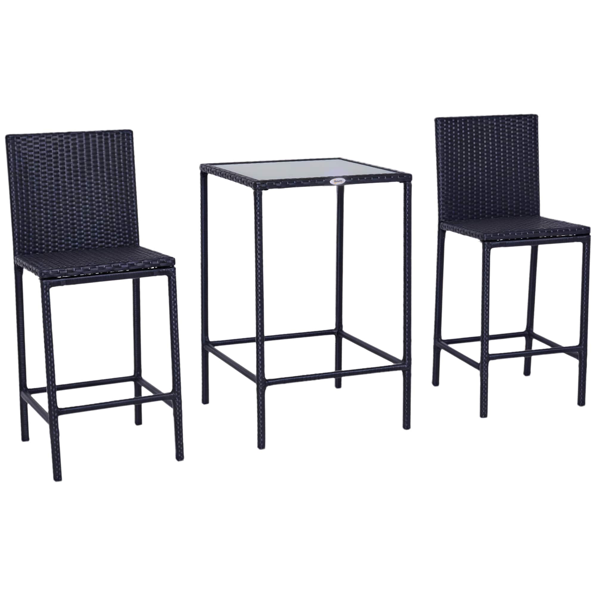 Outsunny - 3pcs Rattan Bar Set with Glass Top Table, 2 Bar Stools for Outdoor - Black