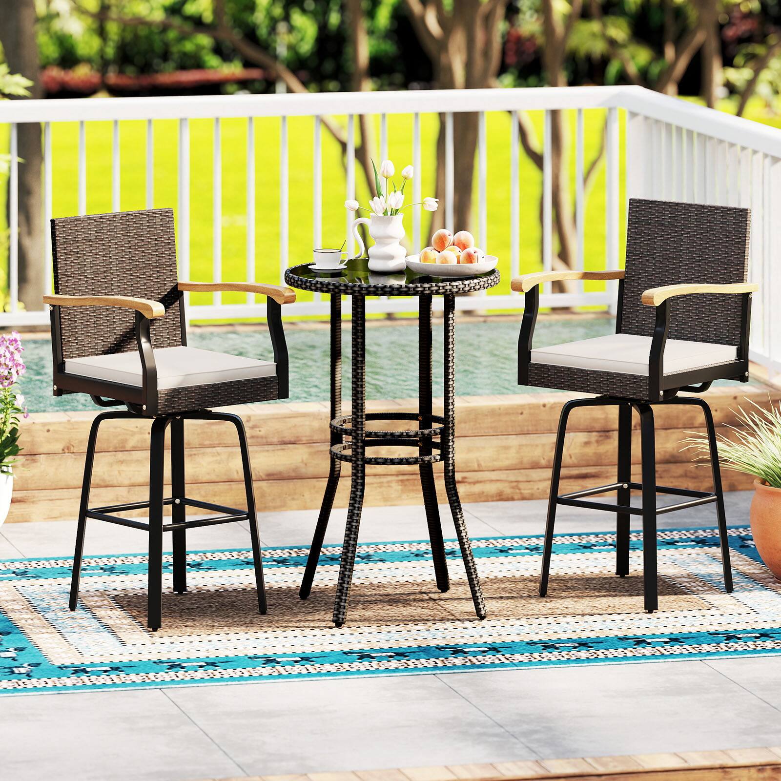 Alt View 1. Gymax - Gymax 2PCS 29'' Outdoor 360-Degree Swivel Bar Stool w/Cushion Acacia Wood Armrests Footrest Mix Brown & Off White - Brown.