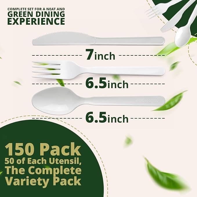 COMPLETE SET FOR A NEAT AND GREEN DINING EXPERIENCE

7 inch  
6.5 inch  
6.5 inch  

150 Pack  
50 of Each Utensil, The Complete Variety Pack