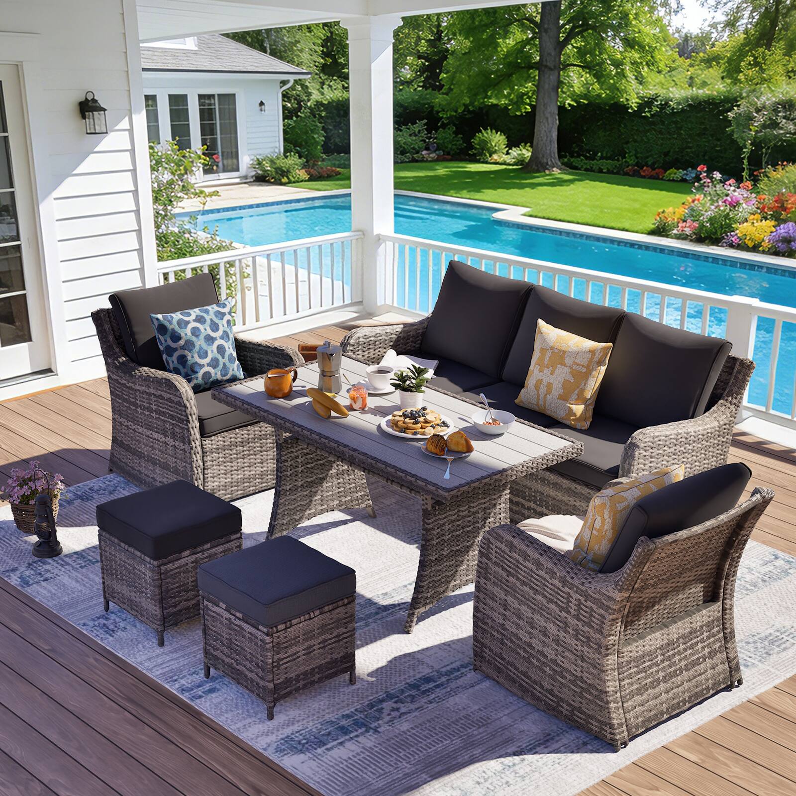 Yardgrace - 7-Piece Patio Conversation Set: 2 Swivel Rocker Chairs, Sofa, 2 Ottomans & Coffee Table, Outdoor Sectional - Black price history on PriceWatchPro