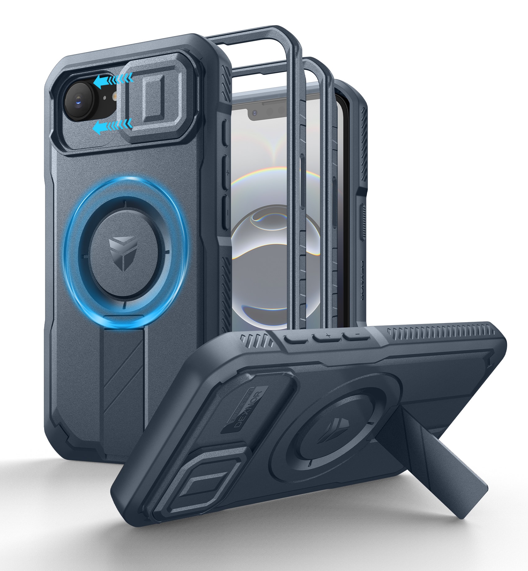 Dexnor - for iPhone 17e/16e Case Compatible with MagSafe with Camera Cover, Kickstand and Screen Protector - Navy Blue