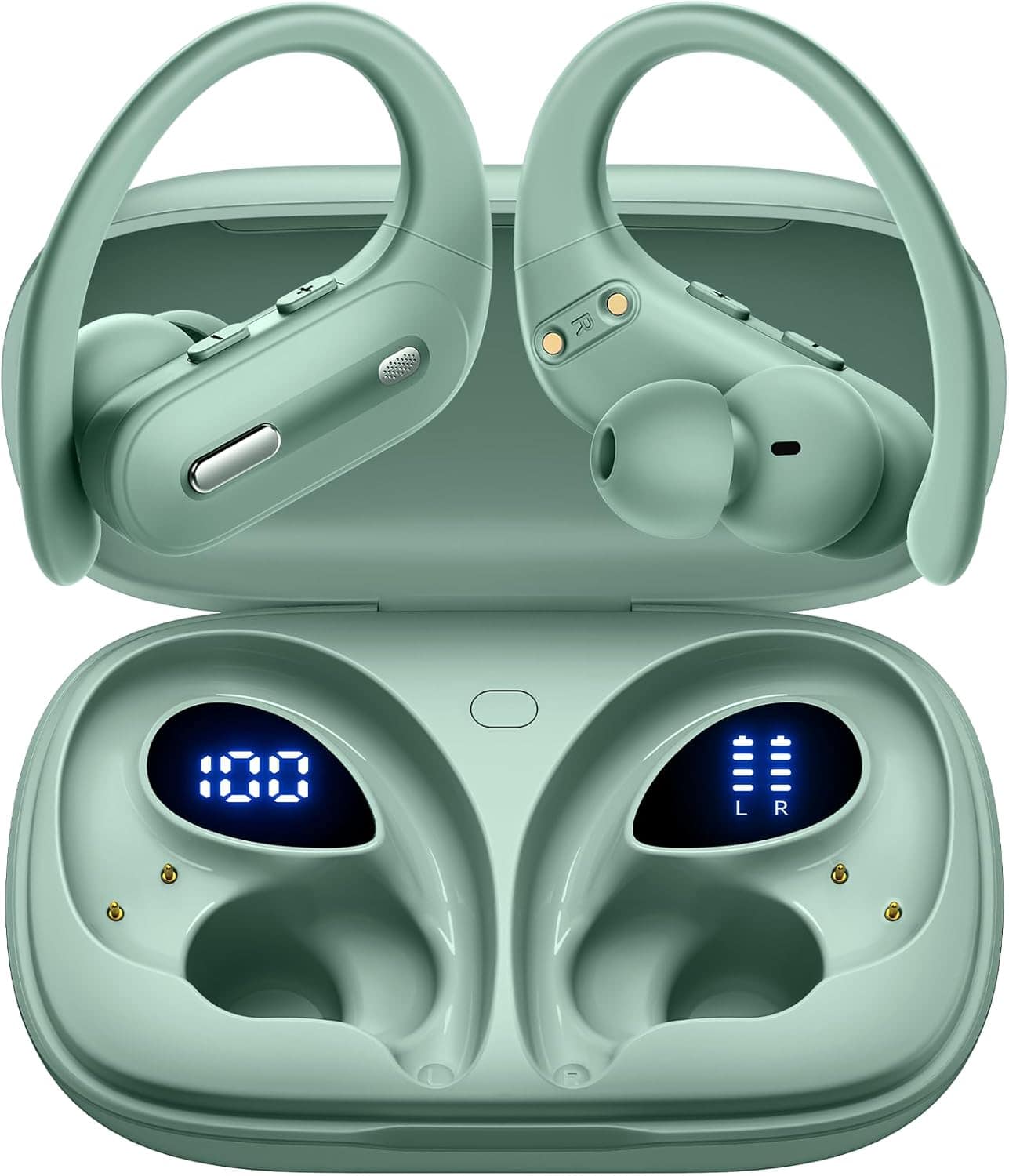 VEAT00L - Light Green Wireless Earbuds: Bluetooth 5.3, 90H Playtime, Wireless Charging, LED Display, Earhooks, IPX7 Waterproof - 绿色