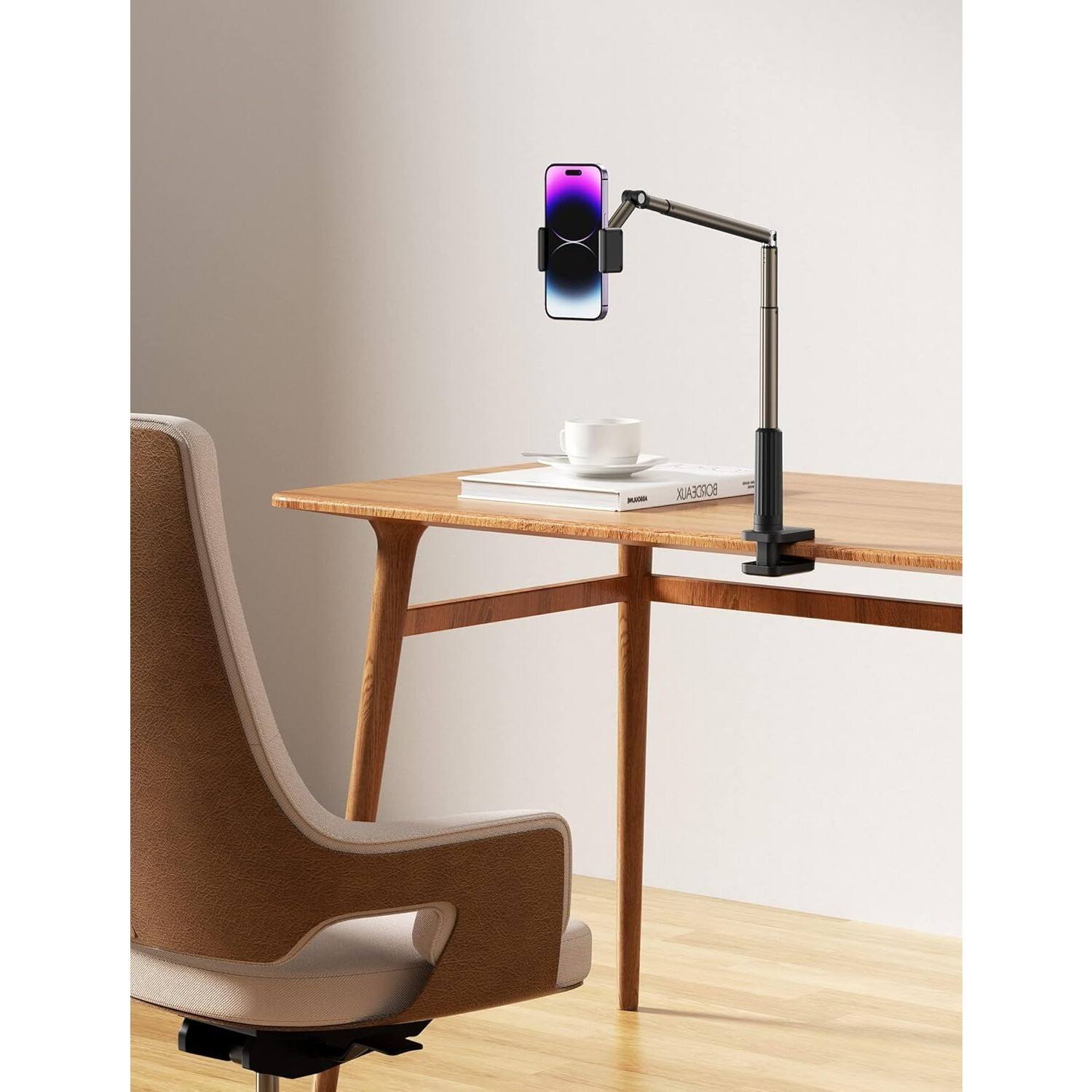 Angle. PARKER SLATER - Gooseneck Phone Holder – Flexible 360° Clamp Mount for Desk & Bed, Compatible with iPhone 16–12 (Black) - Black.