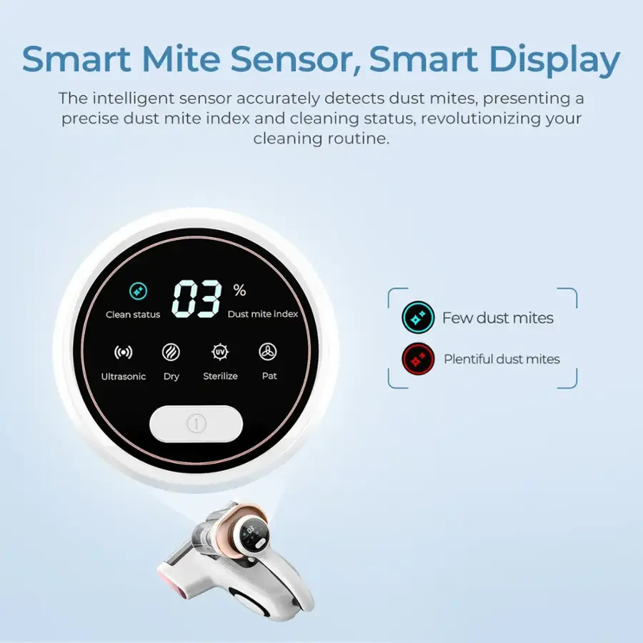 Smart Mite Sensor, Smart Display: The intelligent sensor accurately detects dust mites, presenting a precise dust mite index and cleaning status, revolutionizing your cleaning routine. 03% Clean status, Few dust mites, Ultrasonic Dry DV Sterilize, Pat, Plentiful dust mites.
