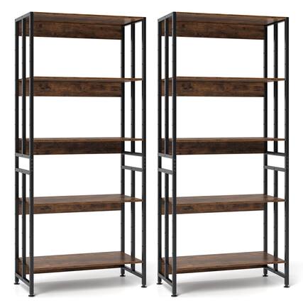 Front. Costway - Costway 2 PCS 5 Tier Bookshelf 62" Tall Bookcase with Tiltable Shelves Display Storage Rack - Brown.