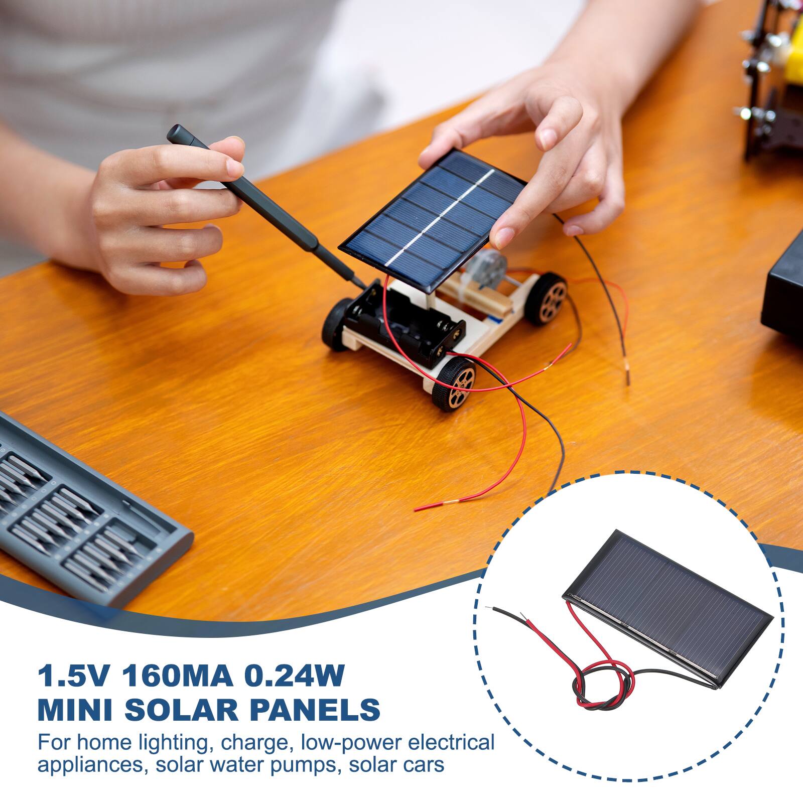1.5V 160MA 0.24W MINI SOLAR PANELS

For home lighting, charge, low-power electrical appliances, solar water pumps, solar cars