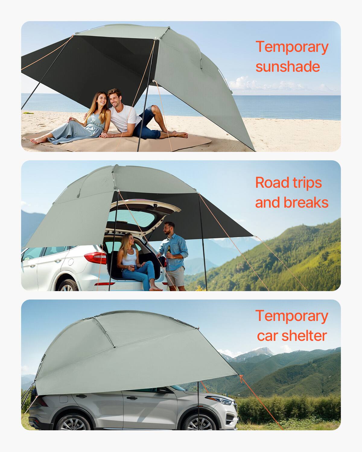 Temporary sunshade  
Road trips and breaks  
Temporary car shelter