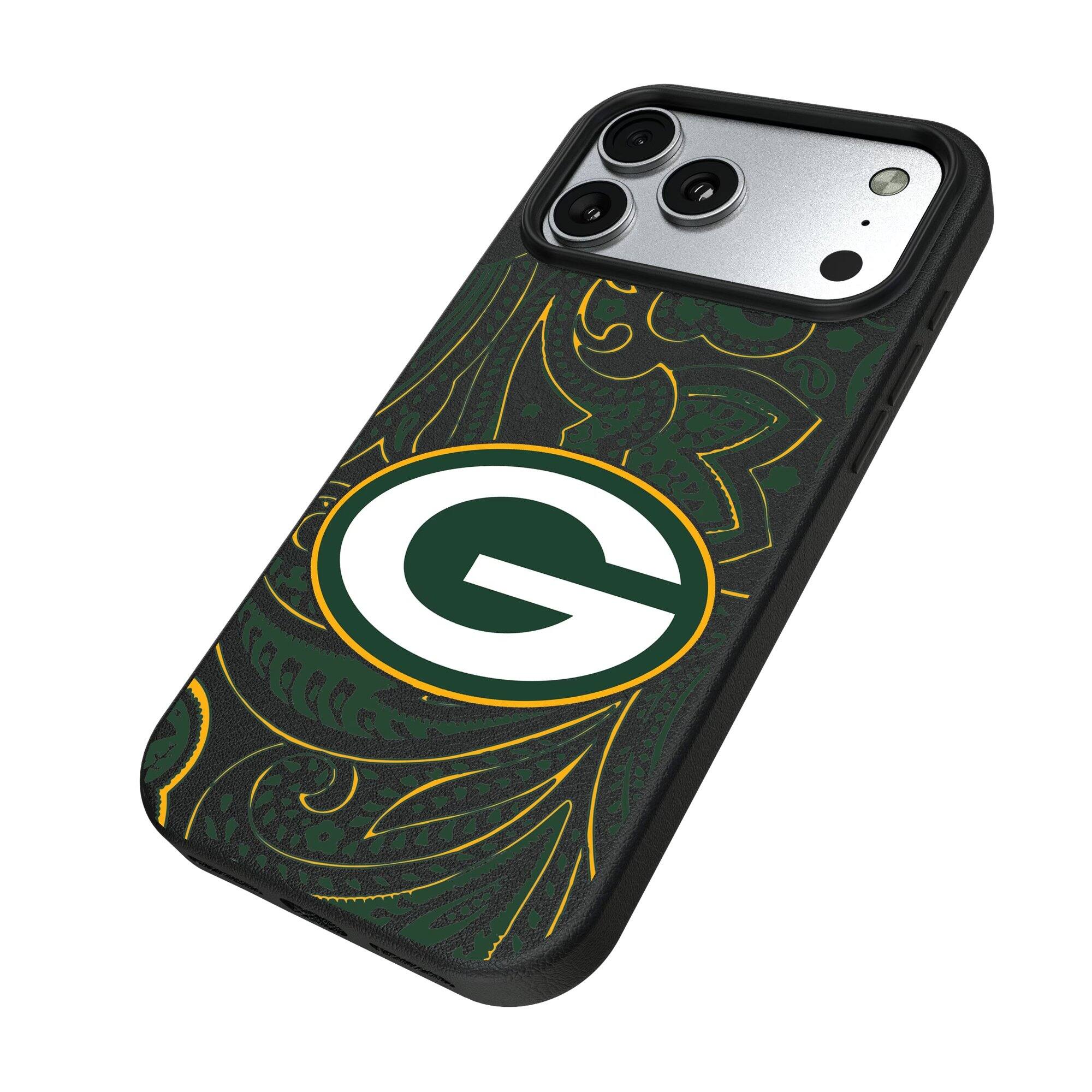 Alt View 1. Keyscaper - Green Bay Packers Paisley iPhone Magnetic Bump Case - 15 Pro - Black.