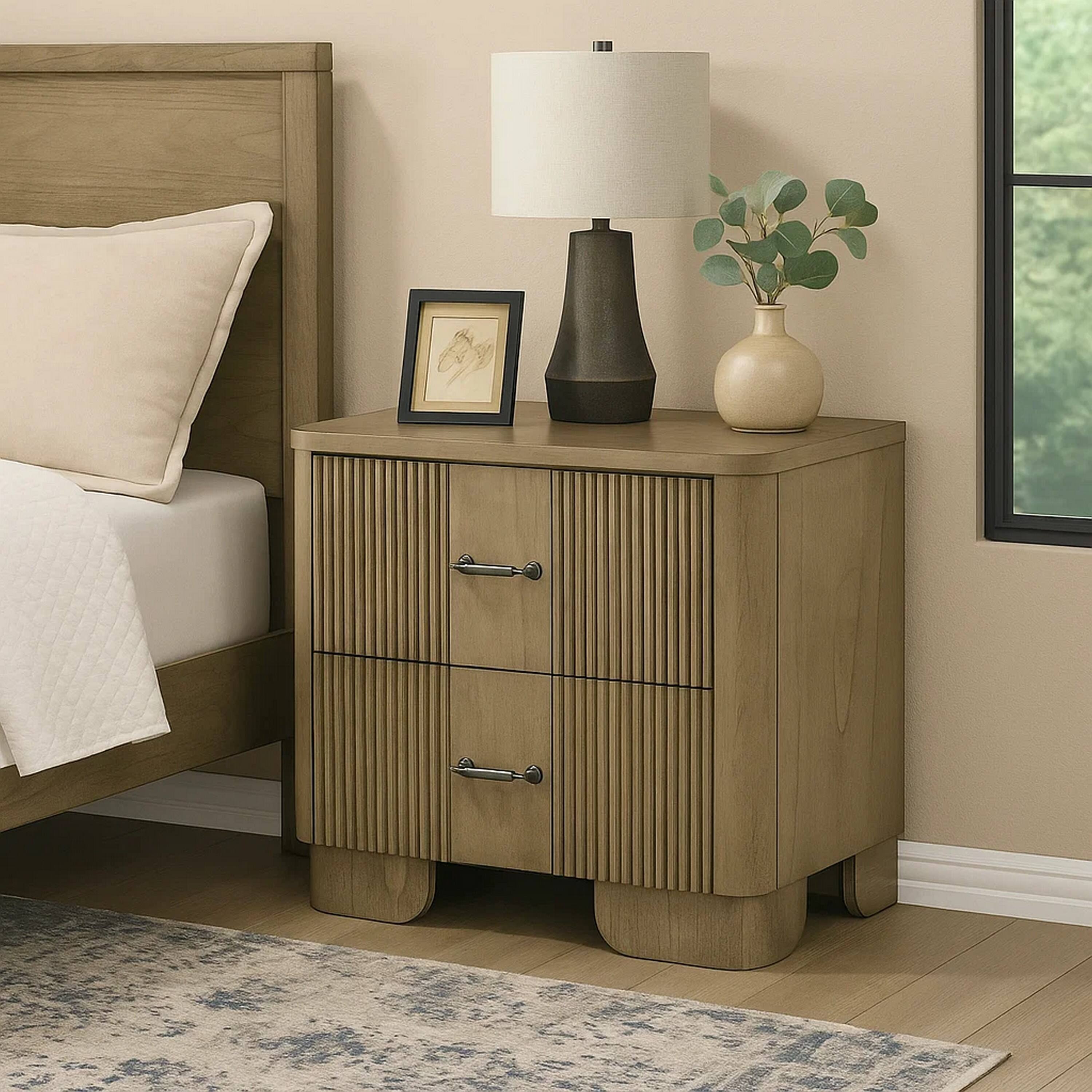 Alt View 3. Manhattan Lane - Leky Nightstand, 2 Reeded Drawers, Rounded Corners - Antique Oak Brown.