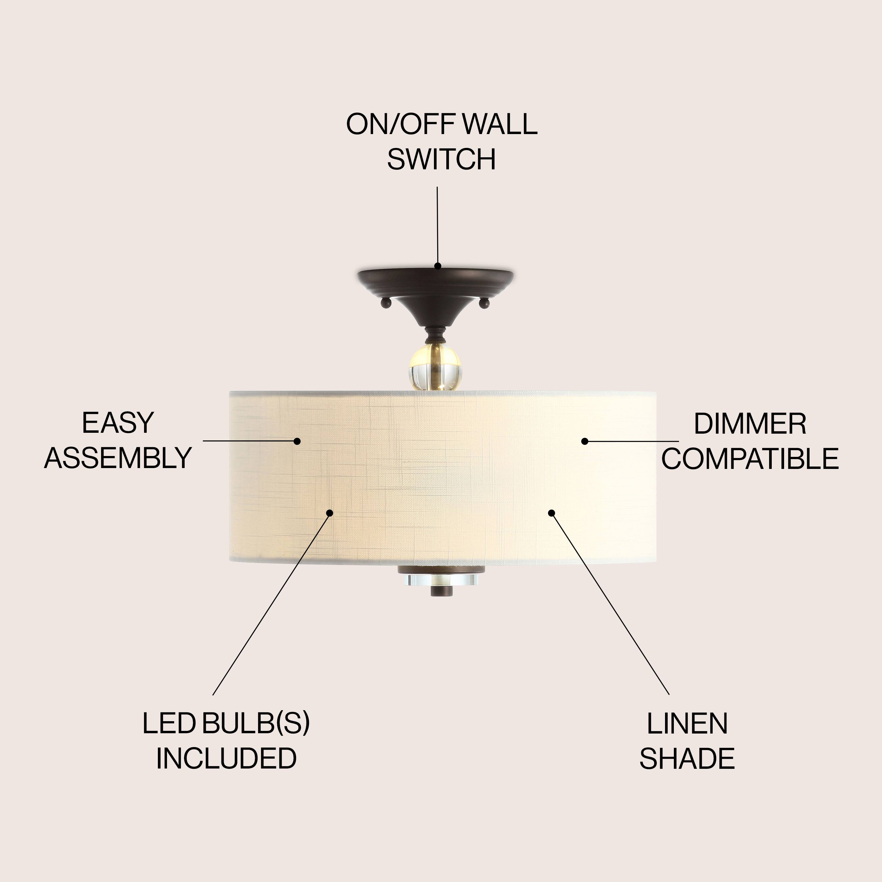 ON/OFF WALL SWITCH  
EASY ASSEMBLY  
DIMMER COMPATIBLE  
LED BULB(S) INCLUDED  
LINEN SHADE