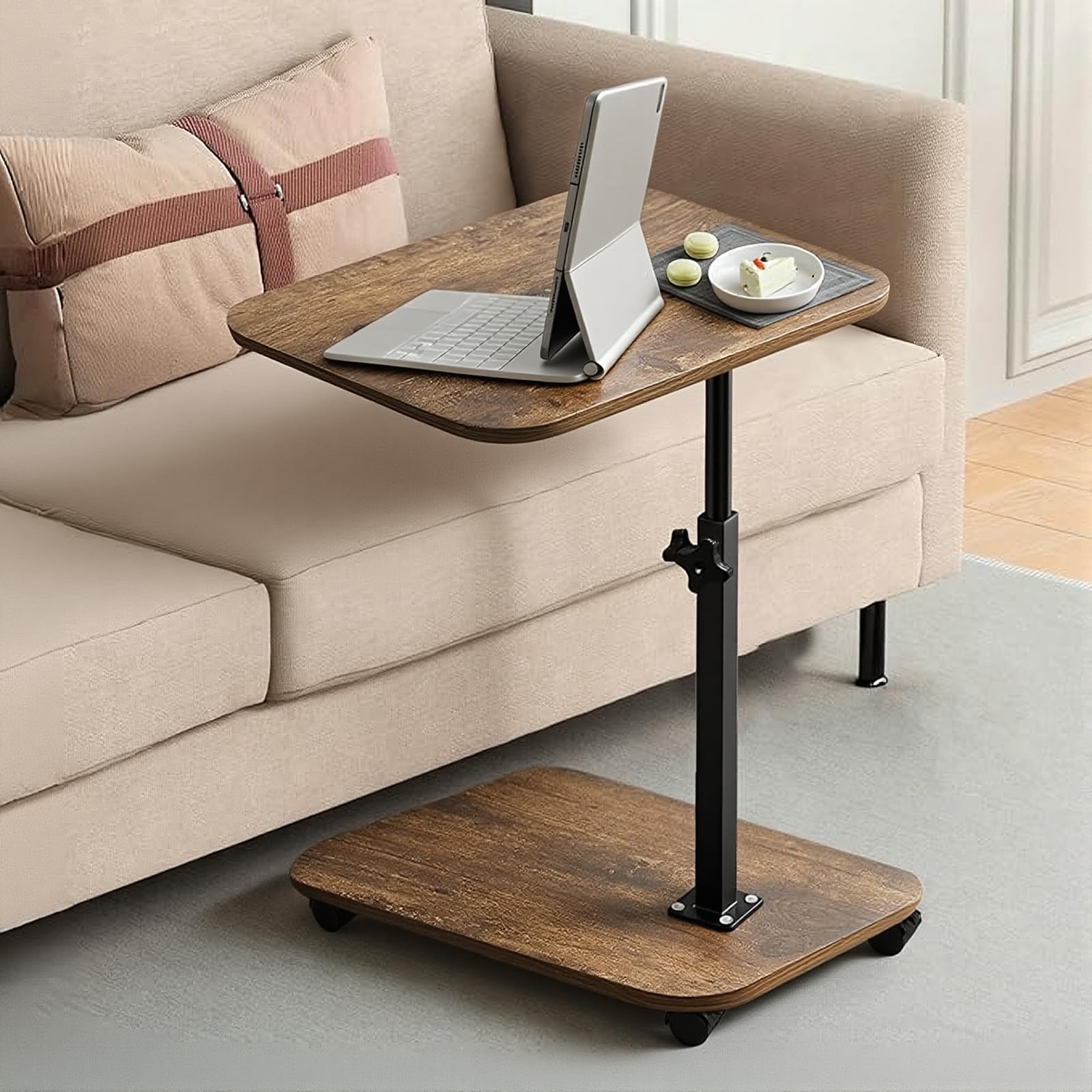 Left. Fabibe - 2-tier Tv Tray With Wheels Adjustable Height & Angle Wooden Side Table For Sofa - 360° Swivel C-shaped End - Default.
