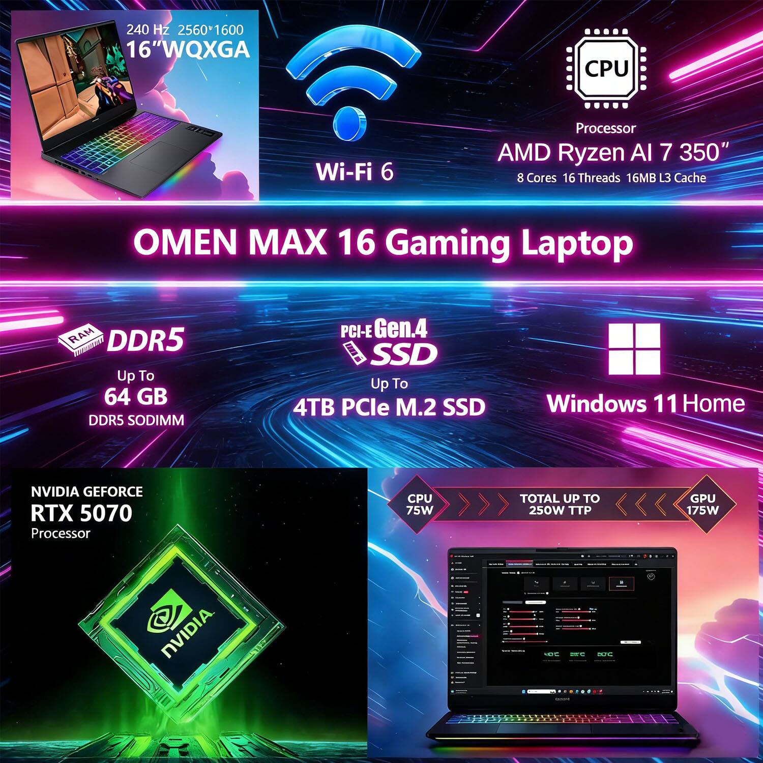 240 Hz 2560*1600 16" WQXGA  
Wi-Fi 6  
OMEN MAX 16 Gaming Laptop  

CPU: AMD Ryzen AI 7 350"  
8 Cores 16 Threads 16MB L3 Cache  

RAM: Up To 64 GB DDR5 SODIMM  

SSD: Up To 4TB PCIe M.2 SSD  

GPU: NVIDIA GEFORCE RTX 5070 Processor  

Windows 11 Home  

CPU: 75W  
TOTAL UP TO 250W TTP  
GPU: 175W