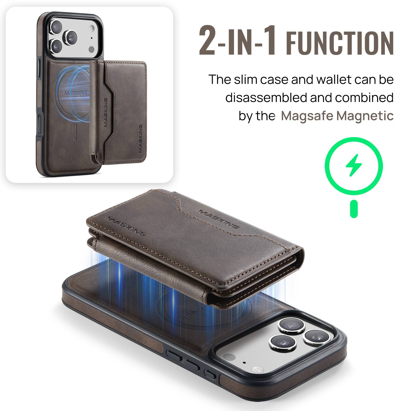 MAGKING MARKING MASKING 2-IN-1 FUNCTION

The slim case and wallet can be disassembled and combined by the Magsafe Magnetic MADRINE MASKING