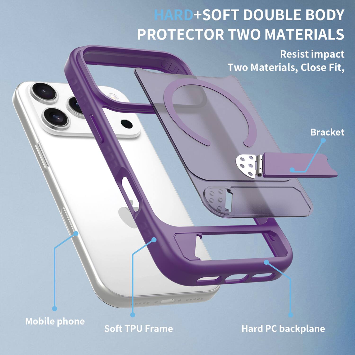 HARD+SOFT DOUBLE BODY PROTECTOR TWO MATERIALS  
Resist impact  
Two Materials, Close Fit,  
Bracket  
Mobile phone  
Soft TPU Frame  
Hard PC backplane