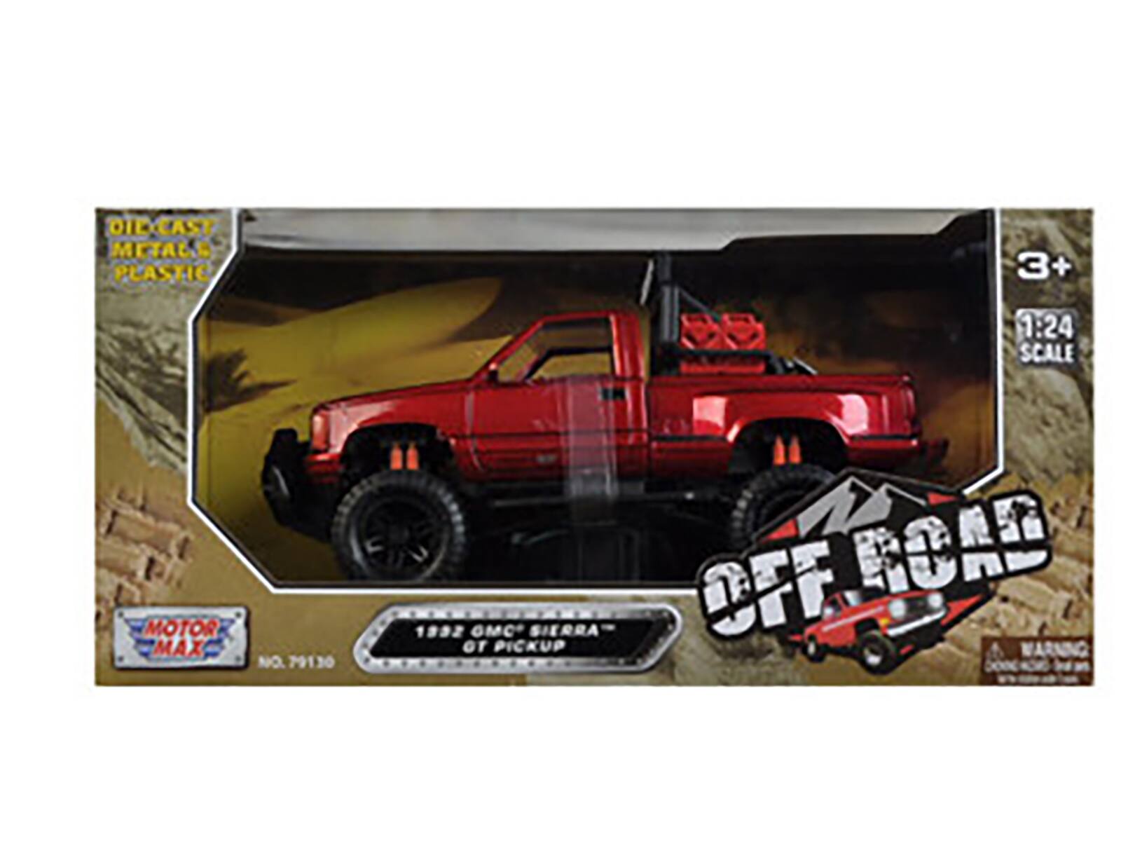 DIE-CAST METAL & PLASTIC  
3+  
1:24 SCALE  
MOTOR MAX  
NO. 79130  
1992 GMC SIERRA 4X4 PICKUP  
OFF ROAD  
WARNING