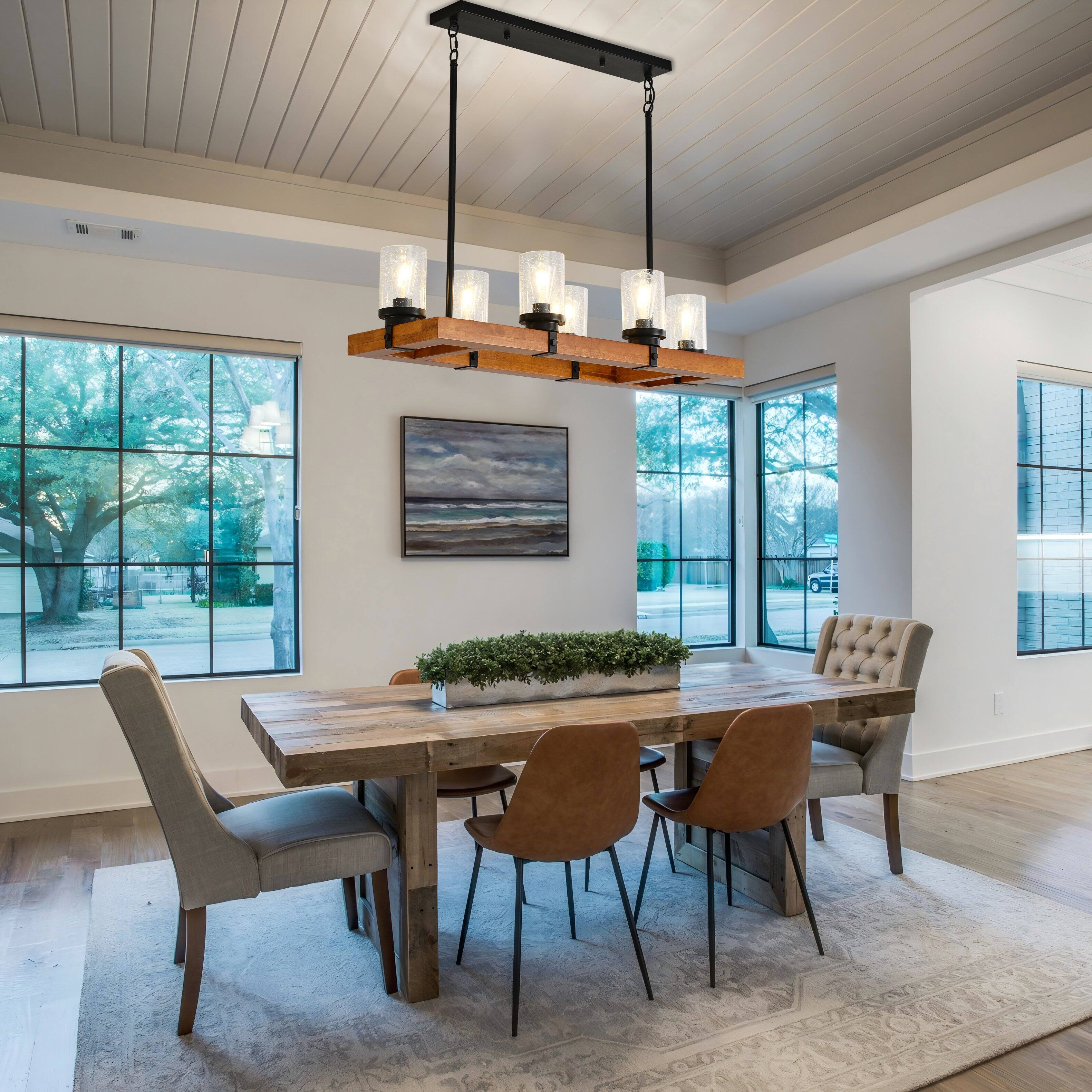 Alt View 9. RYHNUYNE - 6-Light Farmhouse Wood Chandelier with Seeded Glass Shades - Rustic Rectangular Pendant Light for Dining Room Kitchen - Black.