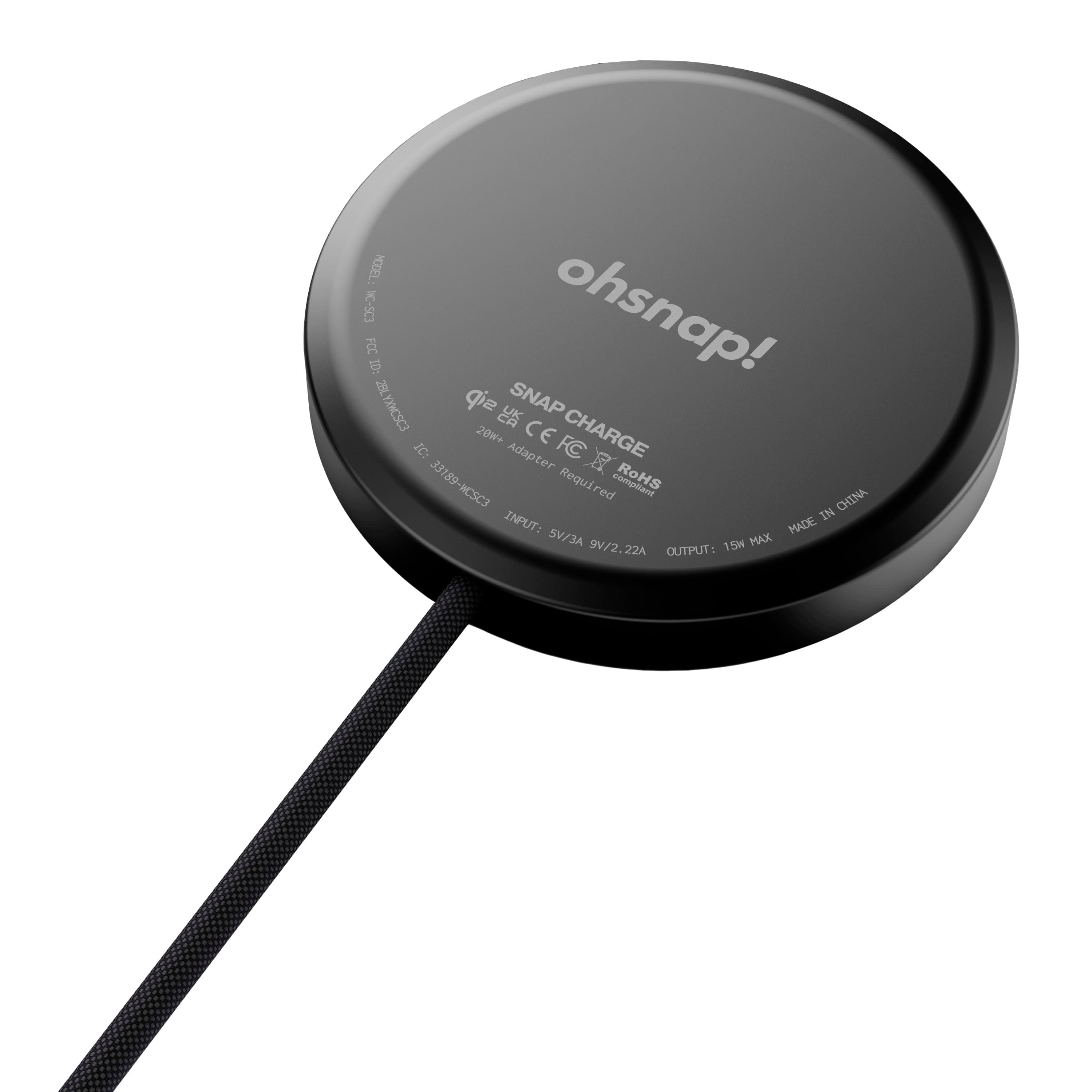 MODEL: ES-ohsnap! FCC 20: 28012CSC3 sip SNAP 20W+ CE FC CHARGE IC: Adapter 33189 Required RoHS WCSC3 CHINA INPUT: IN MADE SV/3A 9V/2.22A 15 MAX OUTPUT: