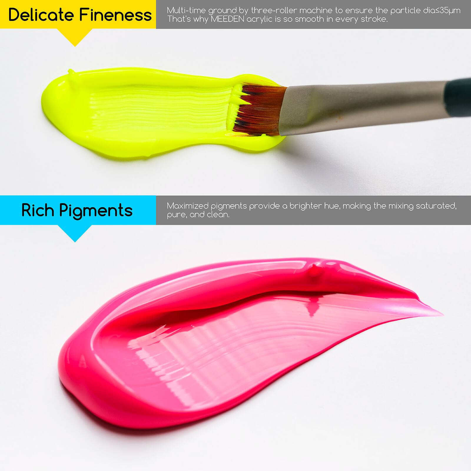 Delicate Fineness  
Multi-time ground by three-roller machine to ensure the particle dia≤35μm  
That's why MEEDEN acrylic is so smooth in every stroke.

Rich Pigments  
Maximized pigments provide a brighter hue, making the mixing saturated, pure, and clean.