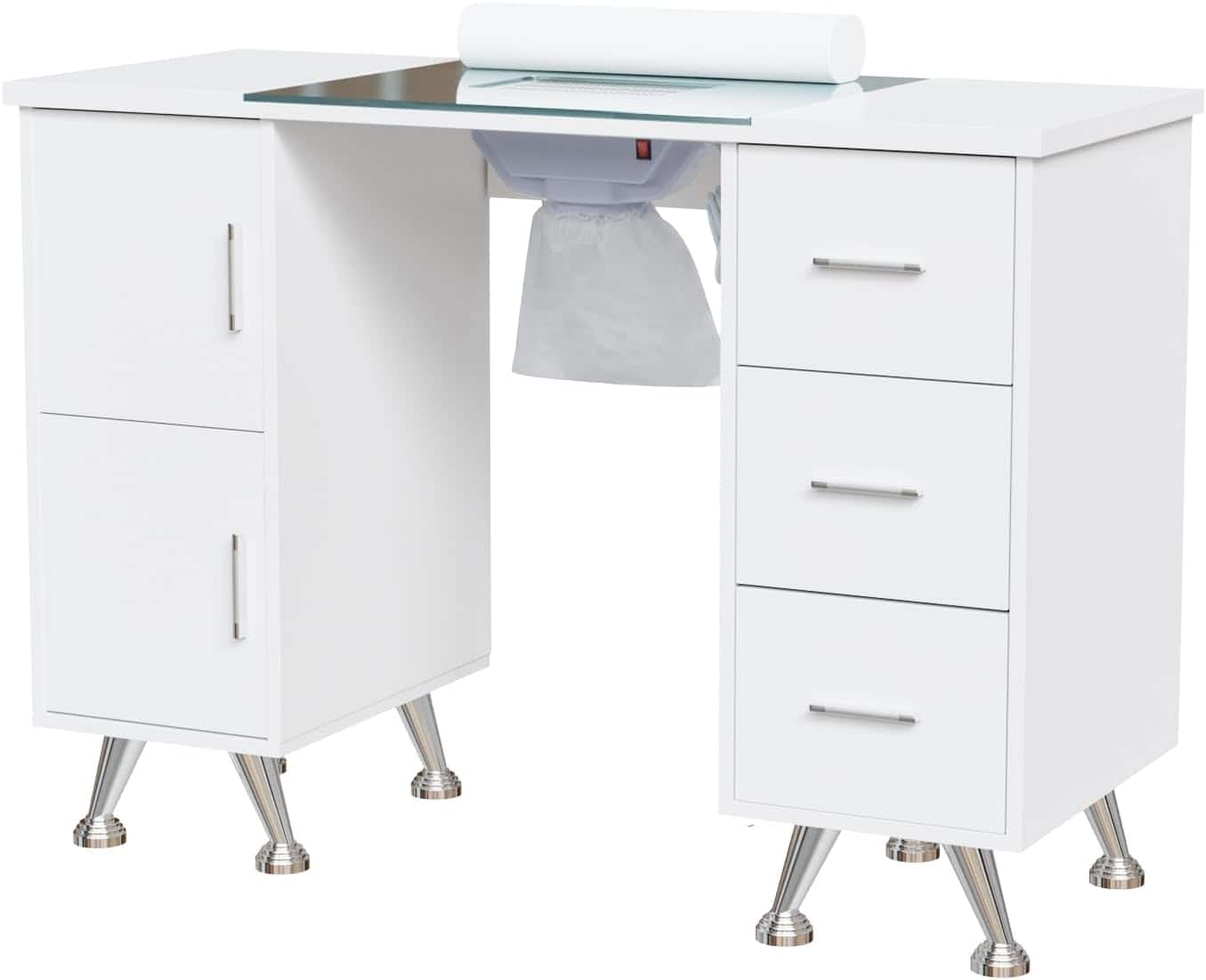 Winado - Manicure Table with Built-in Dust Collector, Glass Top, Drawers & Wrist Rest - White