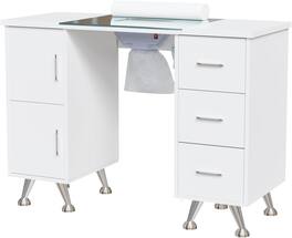 Winado - Manicure Table with Built-in Dust Collector, Glass Top, Drawers & Wrist Rest - White