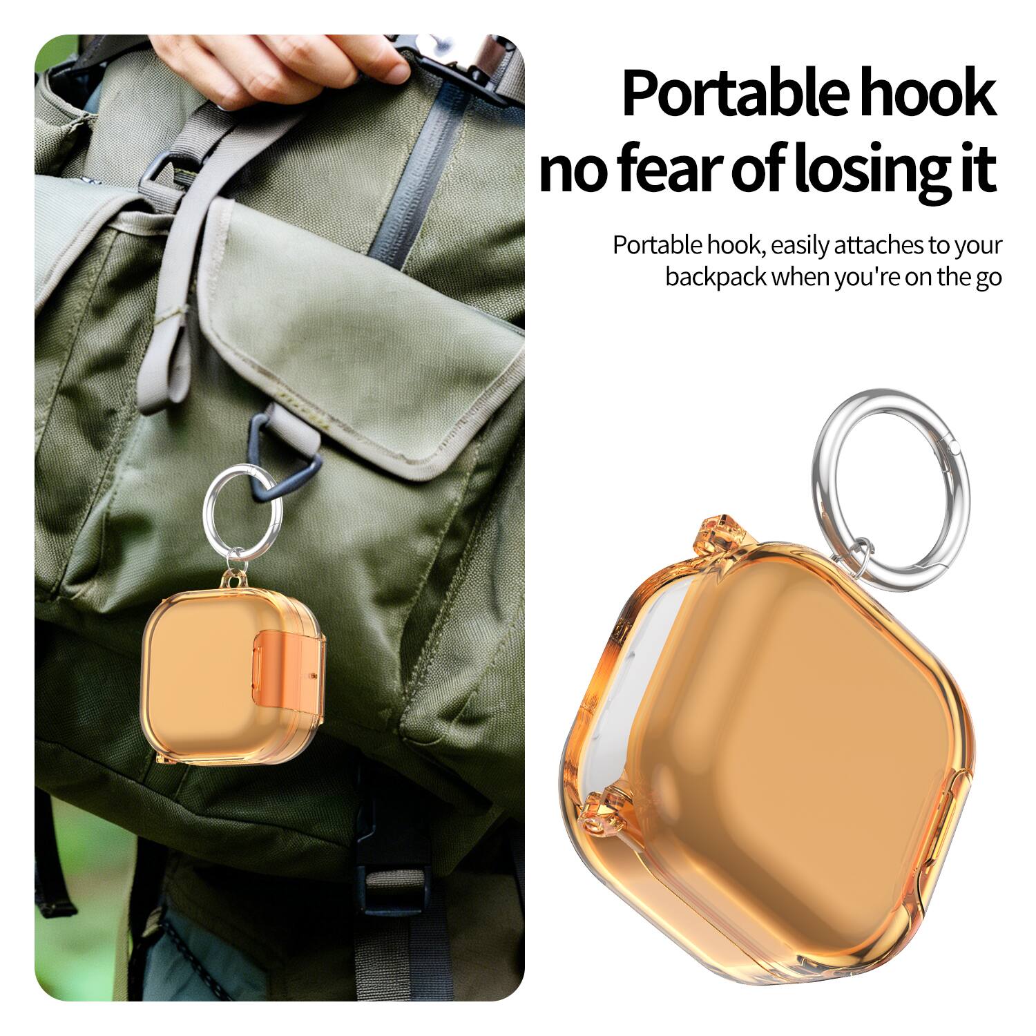 Portable hook no fear of losing it  
Portable hook, easily attaches to your backpack when you're on the go