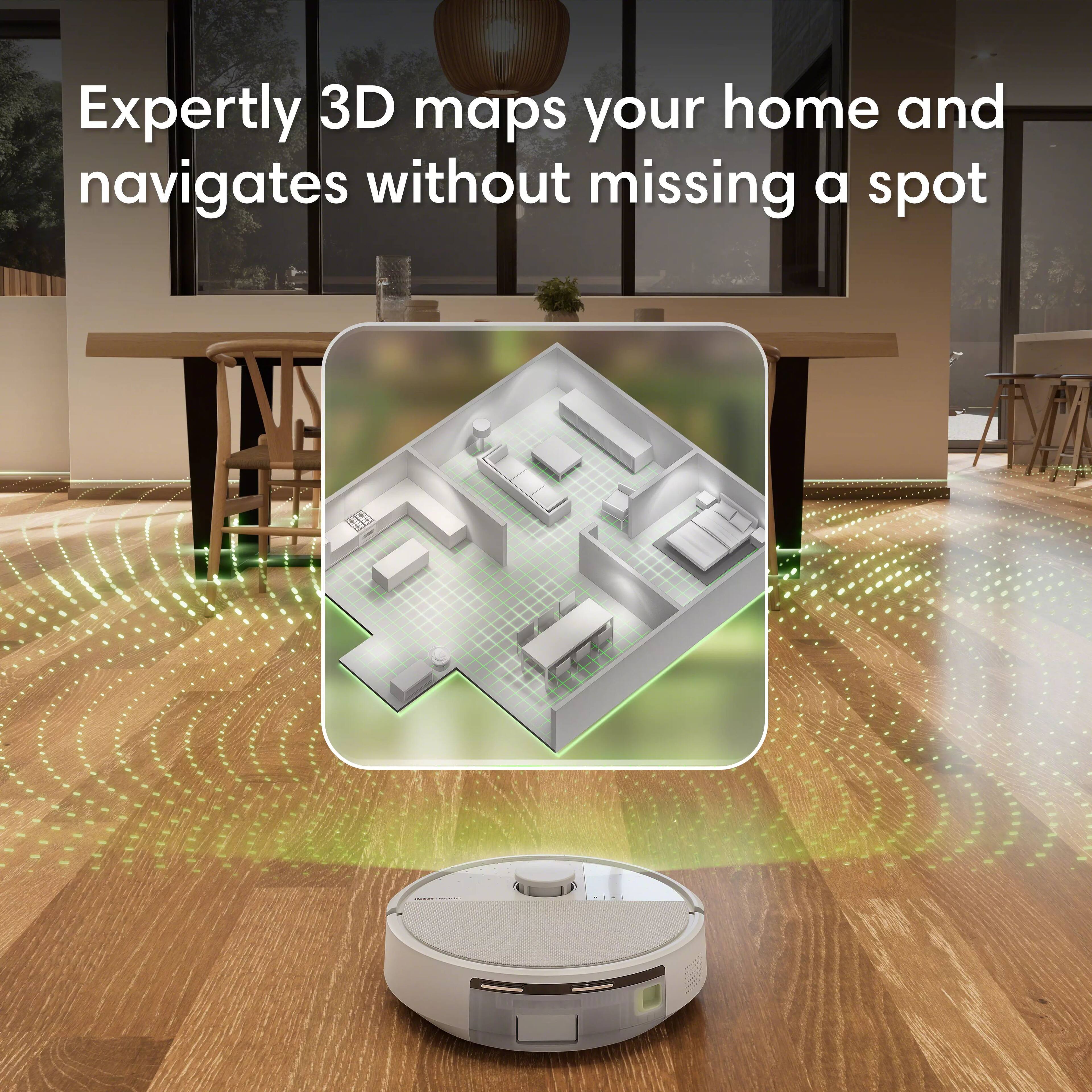 Expertly 3D maps your home and navigates without missing a spot