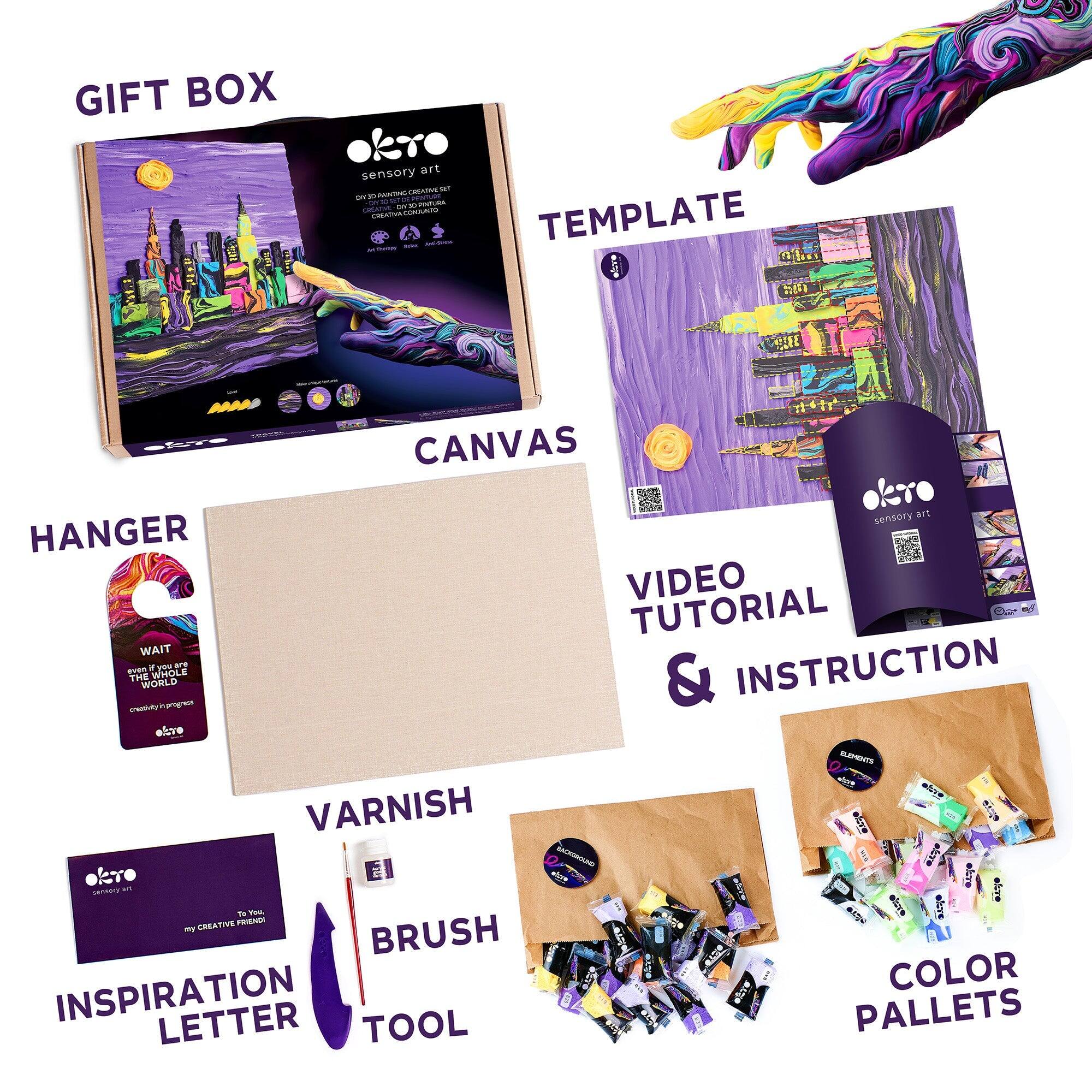 GIFT BOX  
TEMPLATE  
CANVAS  
HANGER  
VIDEO TUTORIAL & INSTRUCTION  
VARNISH  
BRUSH  
INSPIRATION LETTER  
COLOR PALETS  
TOOL