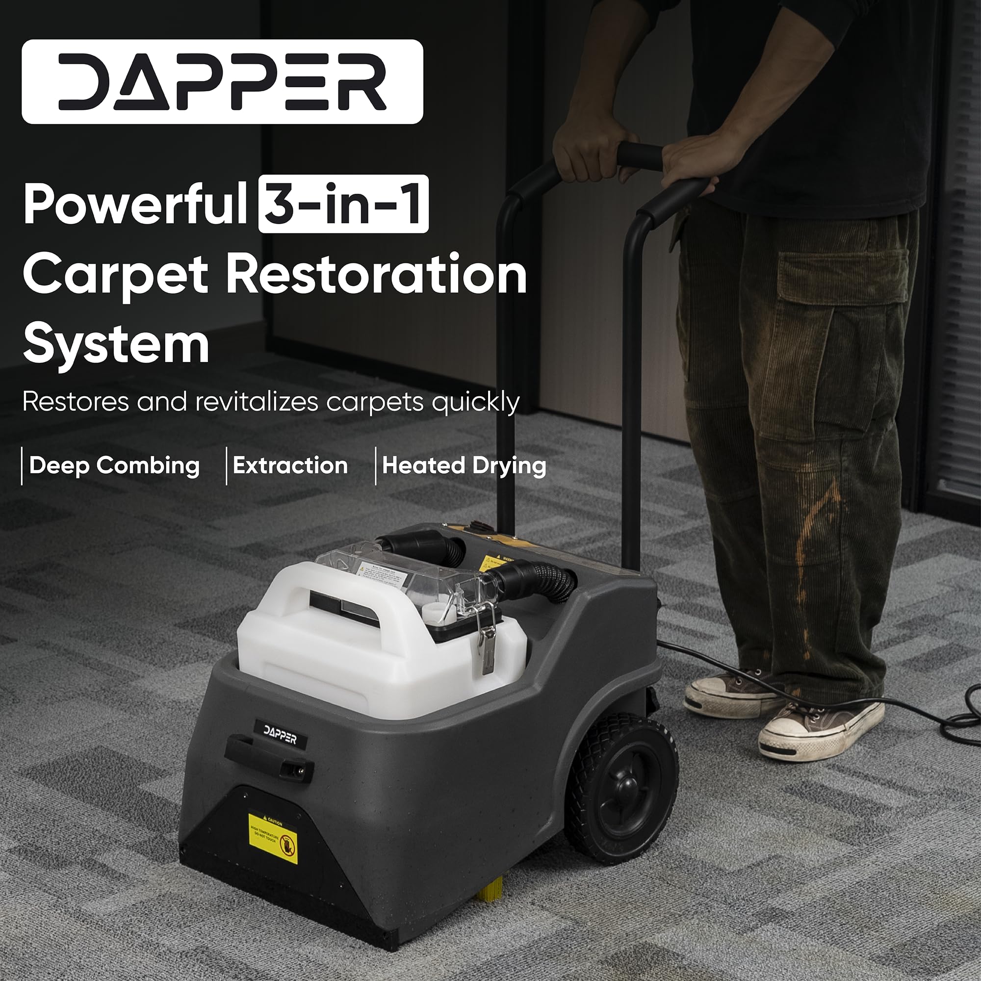 DAPPER Powerful 3-in-1 Carpet Restoration System Restores and revitalizes carpets quickly Deep Combing Extraction Heated Drying