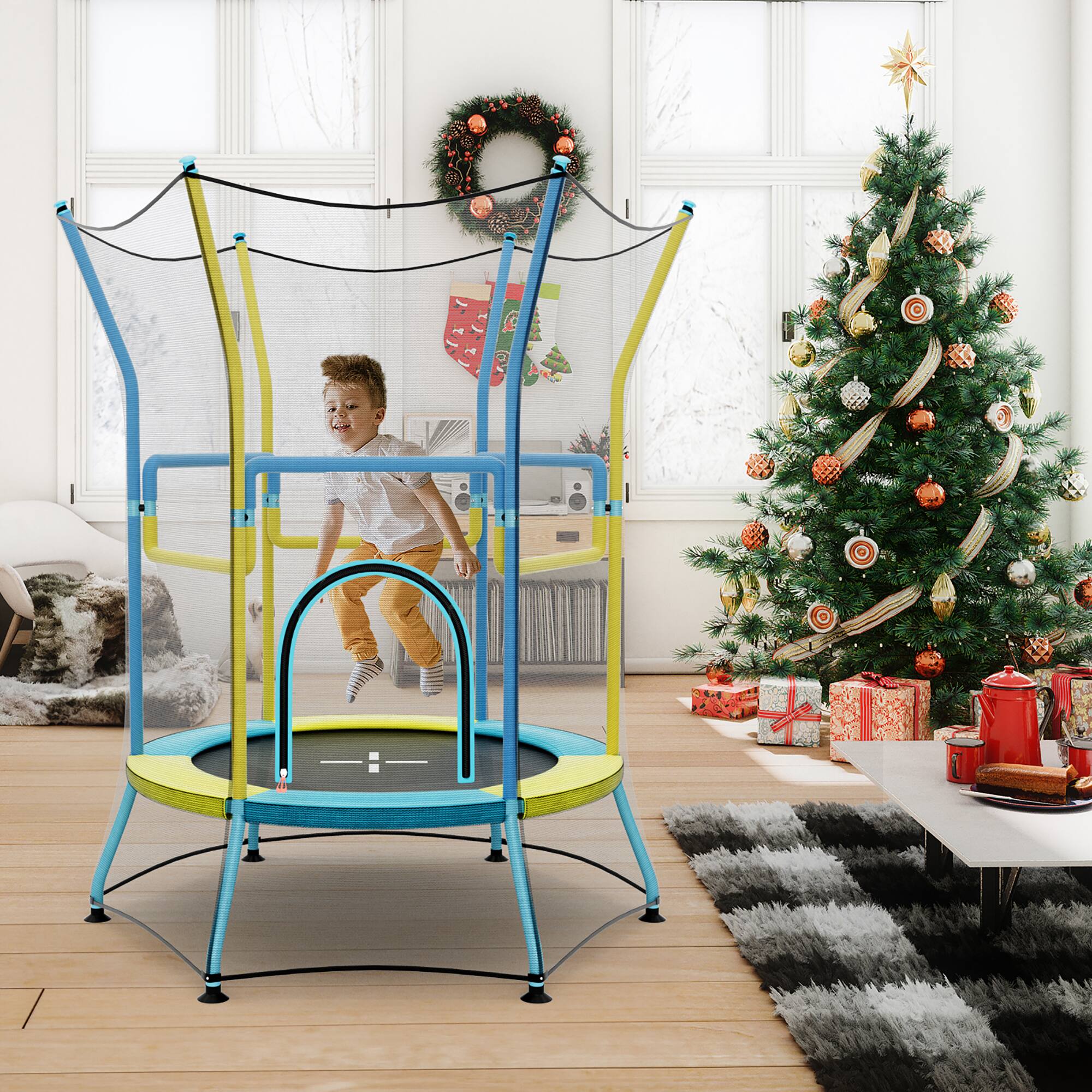 Alt View 3. Gymax - Gymax Kids Mini Trampoline w/ 59'' Higher Enclosure Net Seamless Jumping Mat Zipper Door Yellow & Blue - Yellow, Blue.