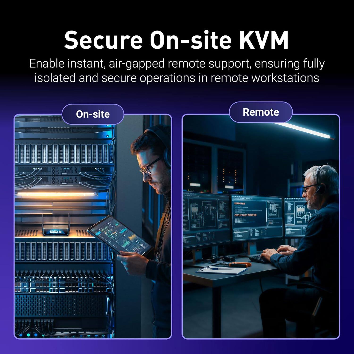 Secure On-site KVM  
Enable instant, air-gapped remote support, ensuring fully isolated and secure operations in remote workstations

On-site  
Remote