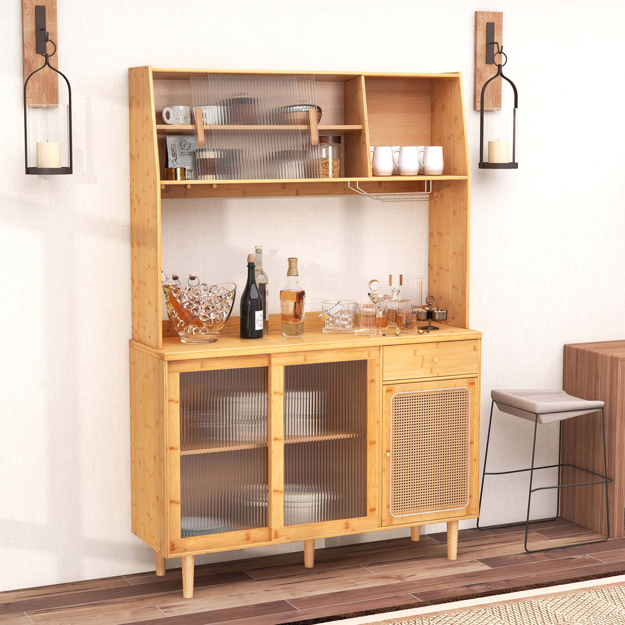 Alt View 11. Costway - Bamboo Buffet Cabinet Wine Bar Pantry Cupboard Sideboard with Rattan Sliding Door - Natural.