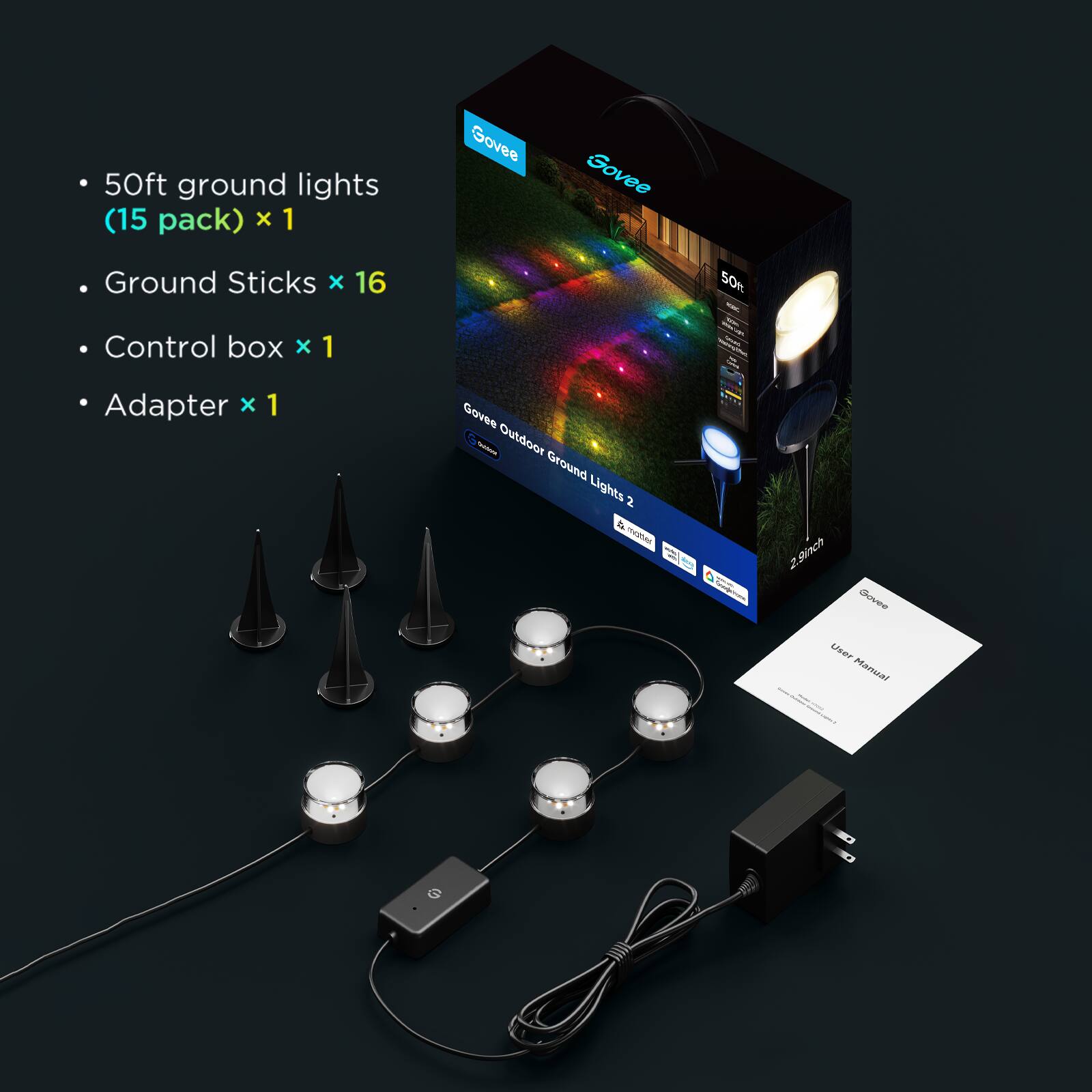 - 50ft ground lights (15 pack) x 1
- Ground Sticks x 16
- Control box x 1
- Adapter x 1