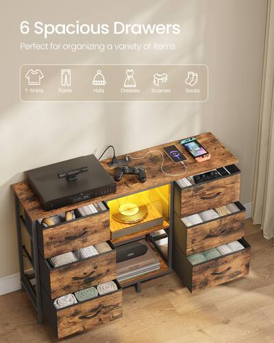 brown dresser tv stand Qwatto 55'' Brown TV Stand Dresser with Charging Station LED Lights 6 Fabric Drawers Entertainment Center for TVs up to 60 Inch Media Console