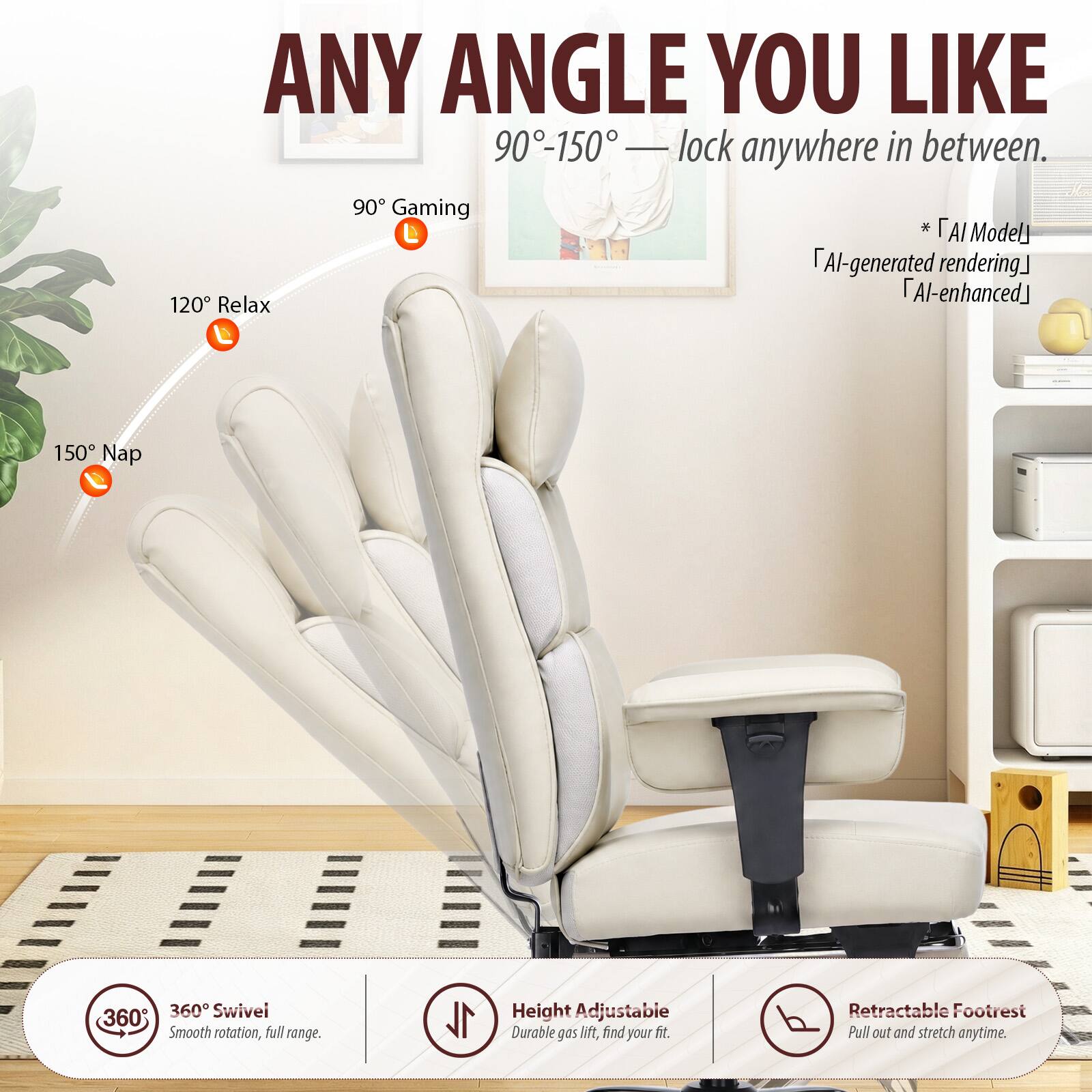 ANY ANGLE YOU LIKE  
90°-150° — lock anywhere in between.  
90° Gaming  
120° Relax  
150° Nap  

360° Swivel  
Smooth rotation, full range.  

Height Adjustable  
Durable gas lift, find your fit.  

Retractable Footrest  
Pull out and stretch anytime.  

*AI Model  
AI-generated rendering  
AI-enhanced
