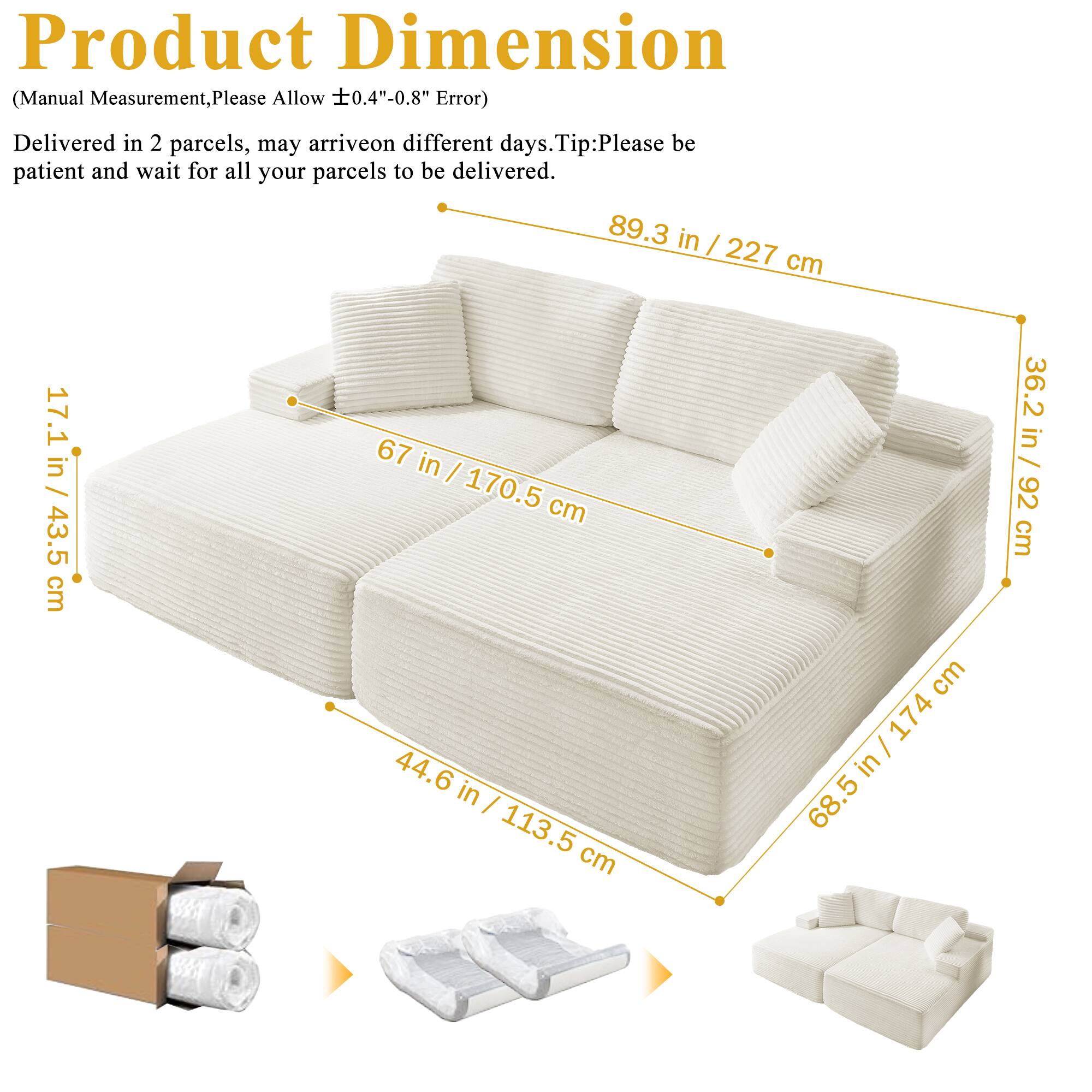 Alt View 1. Meqiodas - 89.3” Oversized Double Lounge Chaise,Cloud Plush Sofa Bed,Modern Corduroy Upholstered Boneless Cloud Sofa Deep Seat - Beige White.