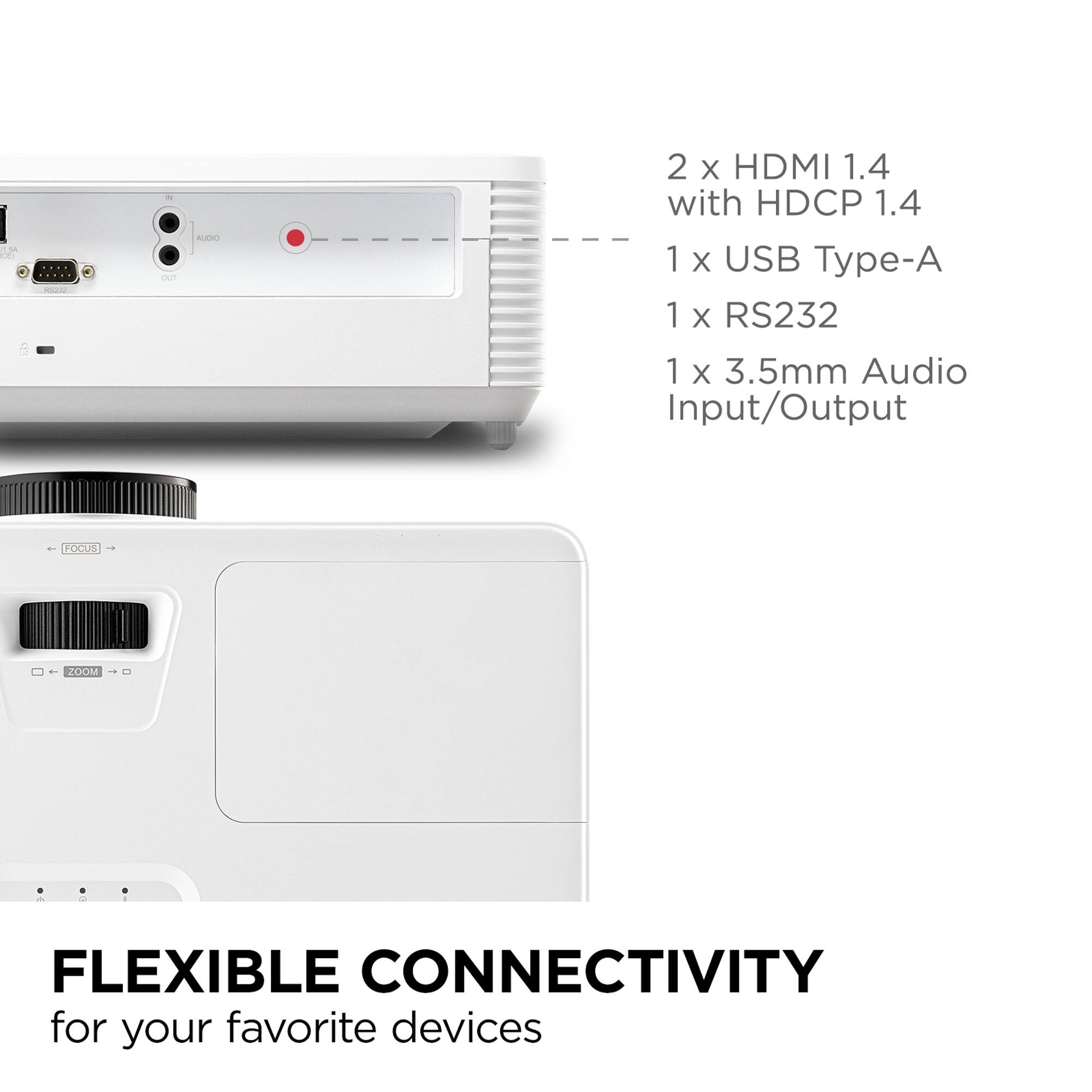 The text on the image reads:

1.54 O PA  AL 2 X HDMI 1.4 with HDCP 1.4 1 X USB Type-A 1 X RS232 1 X 3.5mm Audio Input/Output - FLEXIBLE CONNECTIVITY for your favorite devices