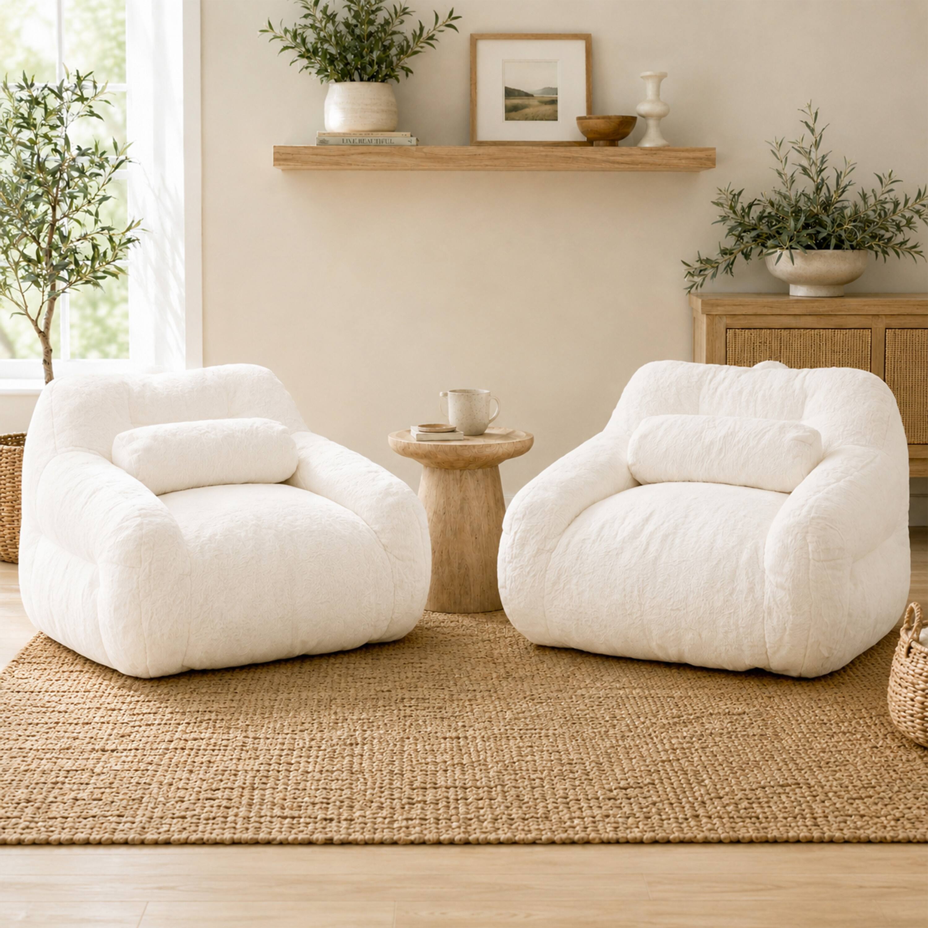 Left. Vipbear - Bean Bag Chair with Pillow for Adults, Faux Fur Accent Chair with Pocket & Handle, Ergonomic Single Sofa Chair - Off-white.