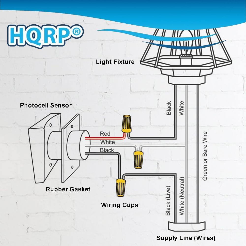 HQRP Light Fixture Photocell Sensor  
- Black  
- White  
- Red  
- White  
- Black  
- Rubber Gasket  
- Wiring Cups  
- Black (Live)  
- White (Neutral)  
- White Wire  
- Bare or Green Supply Line (Wires)