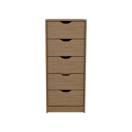 Front. TuHome - Basilea Tall Narrow Dresser, Pull Out System, Five Drawers - Natural Oak.