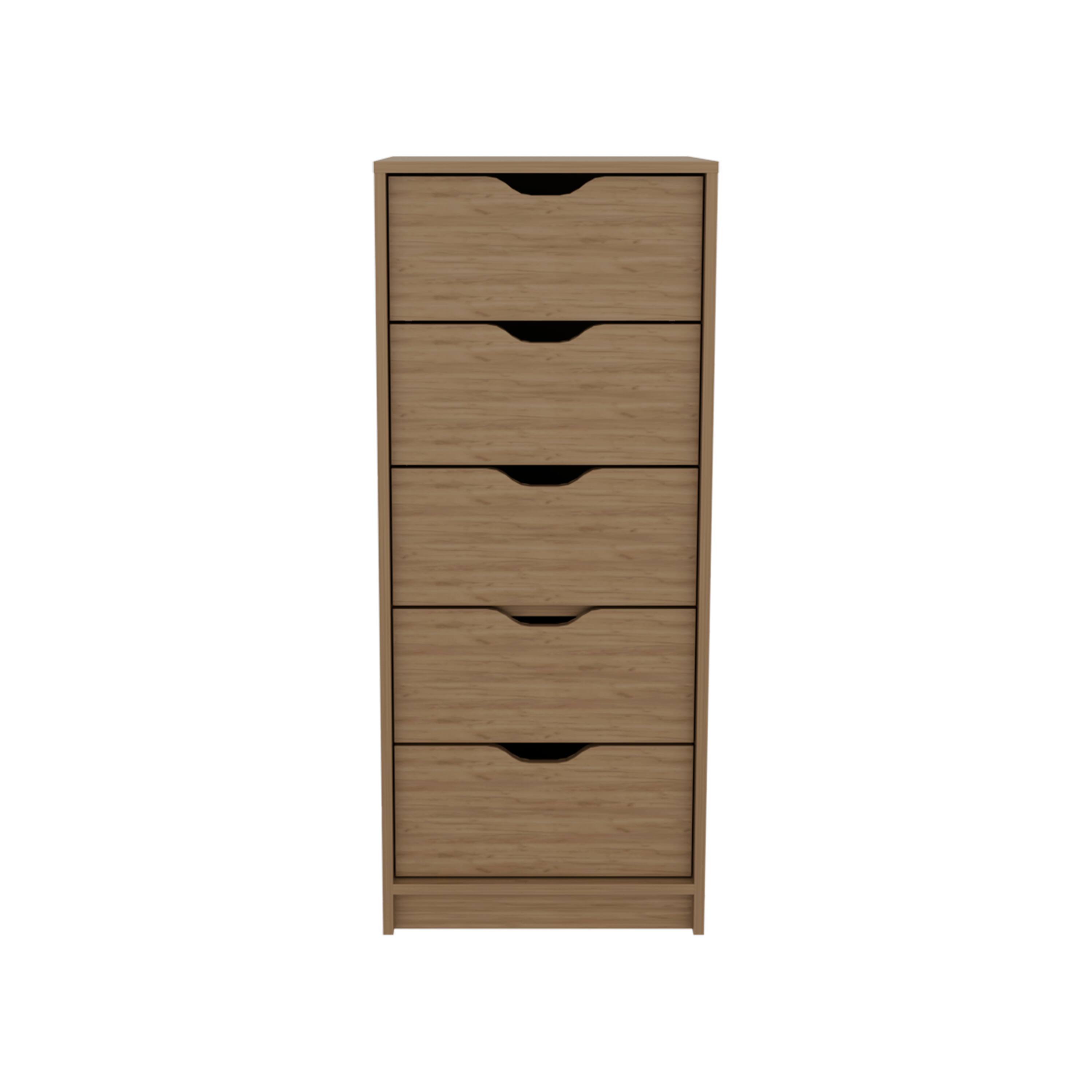 Front. TuHome - Basilea Tall Narrow Dresser, Pull Out System, Five Drawers - Natural Oak.