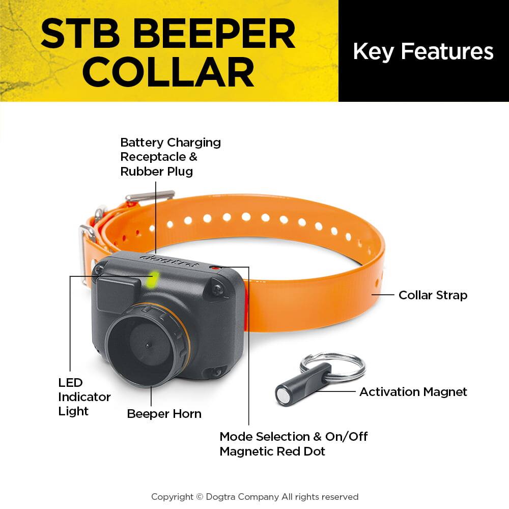 STB BEEPER COLLAR

Key Features

- Battery Charging Receptacle & Rubber Plug
- Collar Strap
- LED Indicator Light
- Beeper Horn
- Mode Selection & On/Off Magnetic Red Dot
- Activation Magnet

Copyright © Dogtra Company All rights reserved