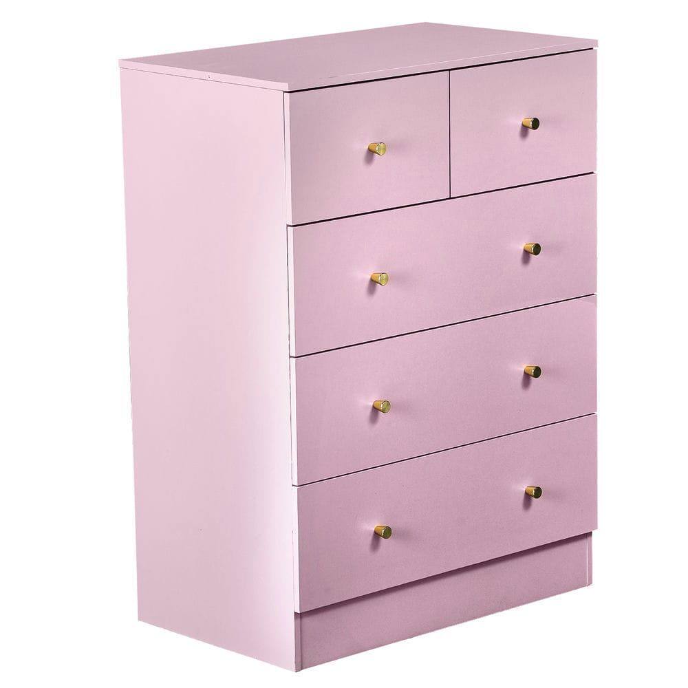 Alt View 6. Kadyn - 5-Drawer Cabinet, 3+2 Storage Dresser with Matte Gold Handles - Macaron Pink - Pink.