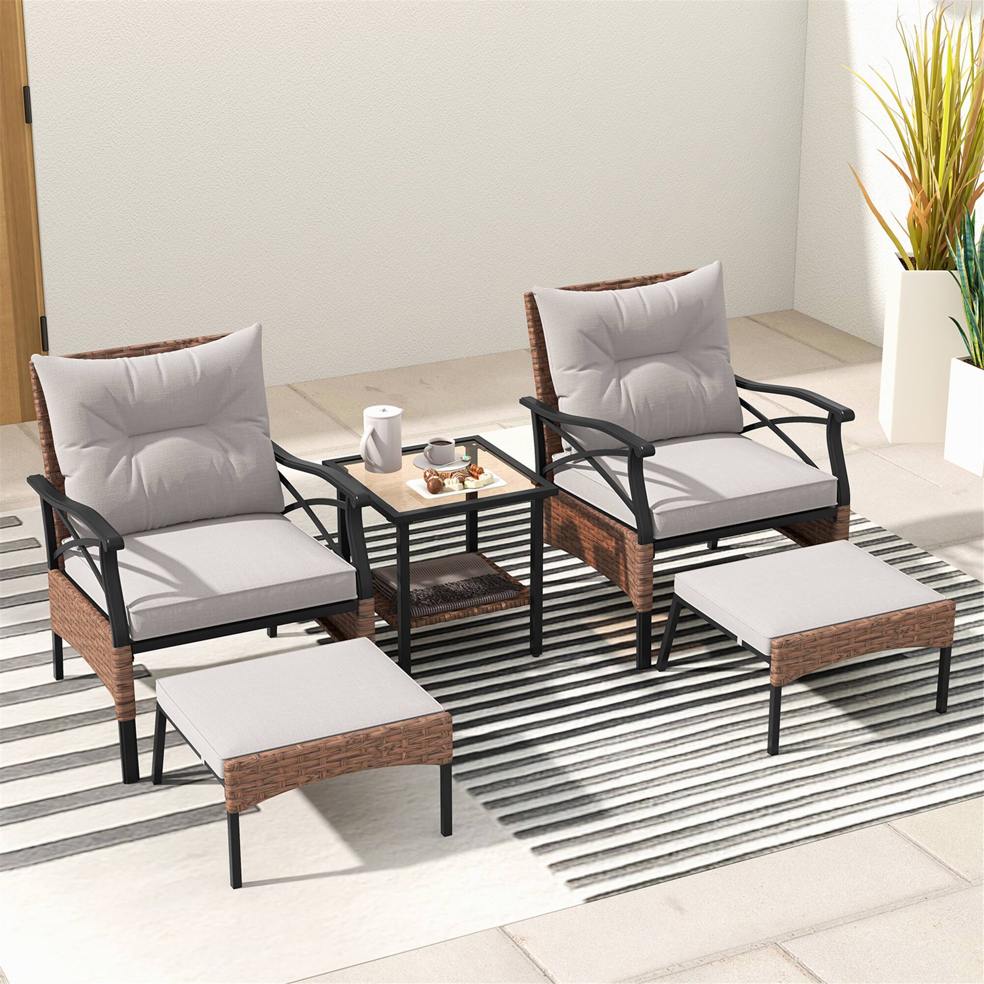 Front. Gymax - Gymax 5PCS Wicker Patio Furniture Set Rattan Chairs w/ 2-Tier Tempered Glass Side Table - Brown.