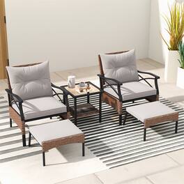 Gymax - 5PCS Wicker Patio Furniture Set Rattan Chairs w/ 2-Tier Tempered Glass Side Table - Brown