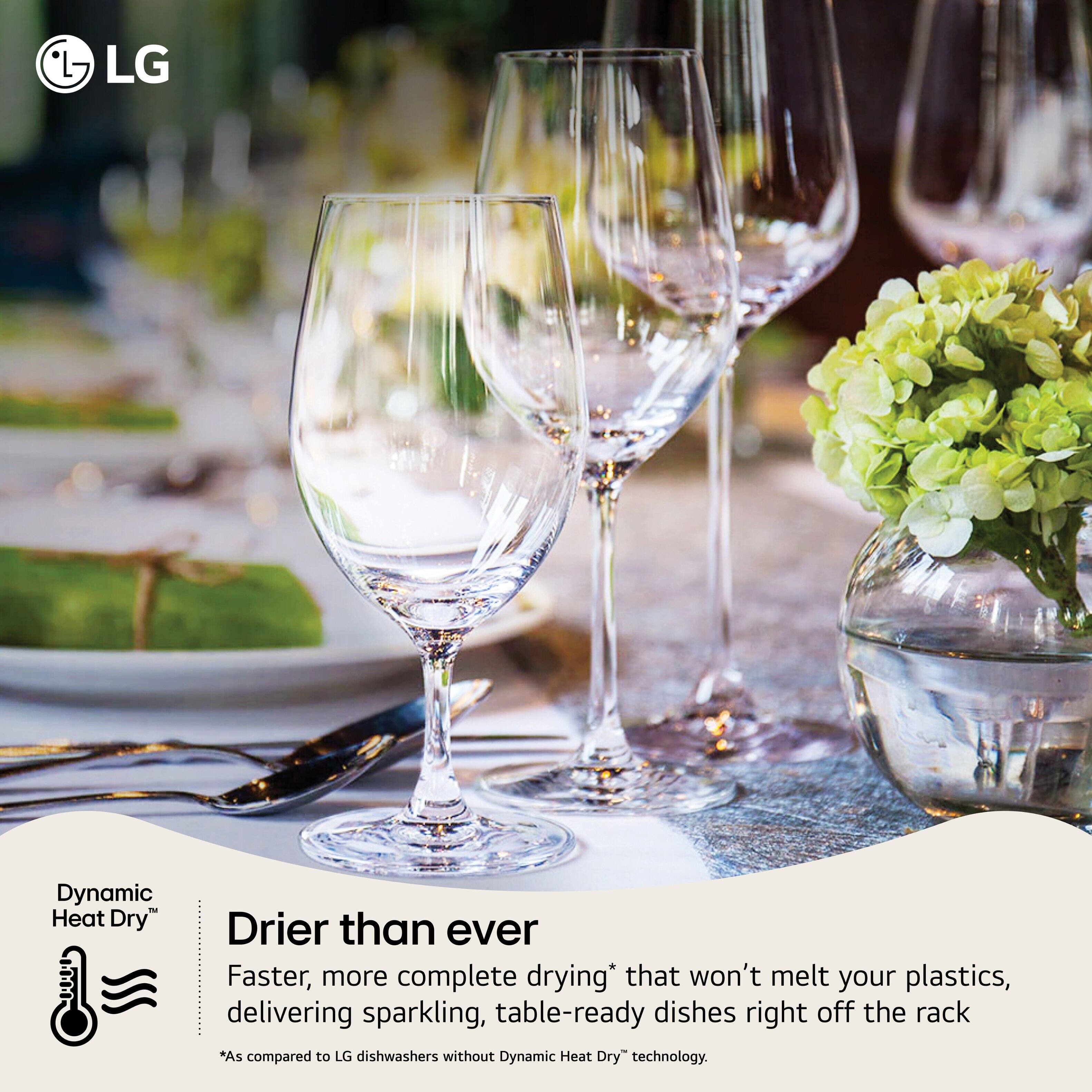 The text on the image can be grouped and corrected as follows:

**Dynamic Heat Dry**
- "Drier than ever"
- "Faster, more complete drying that won't melt your plastics, delivering sparkling, table-ready dishes right off the rack"
- "As compared to LG dishwashers without Dynamic Heat Dry technology."

This highlights the benefits of the Dynamic Heat Dry feature in LG dishwashers, emphasizing its efficiency and effectiveness in drying dishes without damaging plastics.