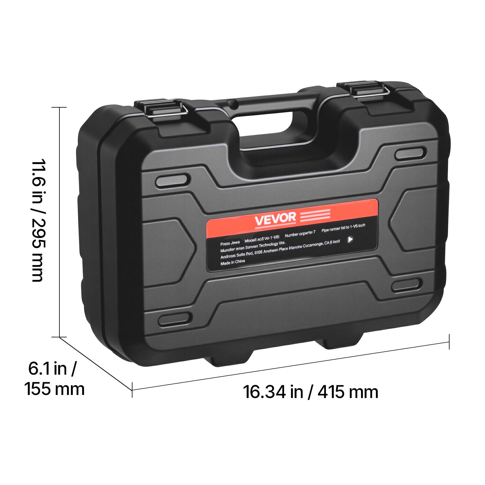 11.6 in / 11.6 in / 295 mm  
VEVOR  
Model: V0-1-9  
Number: 7  
Pipe rafter to 1-1/8 in  
Presser arm: 1-1/8 in  
Anodized Steel  
Cocamonga, CA  
Anodizing Place: Vianohe Mundter  
Address: Anoheen Suite  
Made in China  
6.1 in / 155 mm  
16.34 in / 415 mm