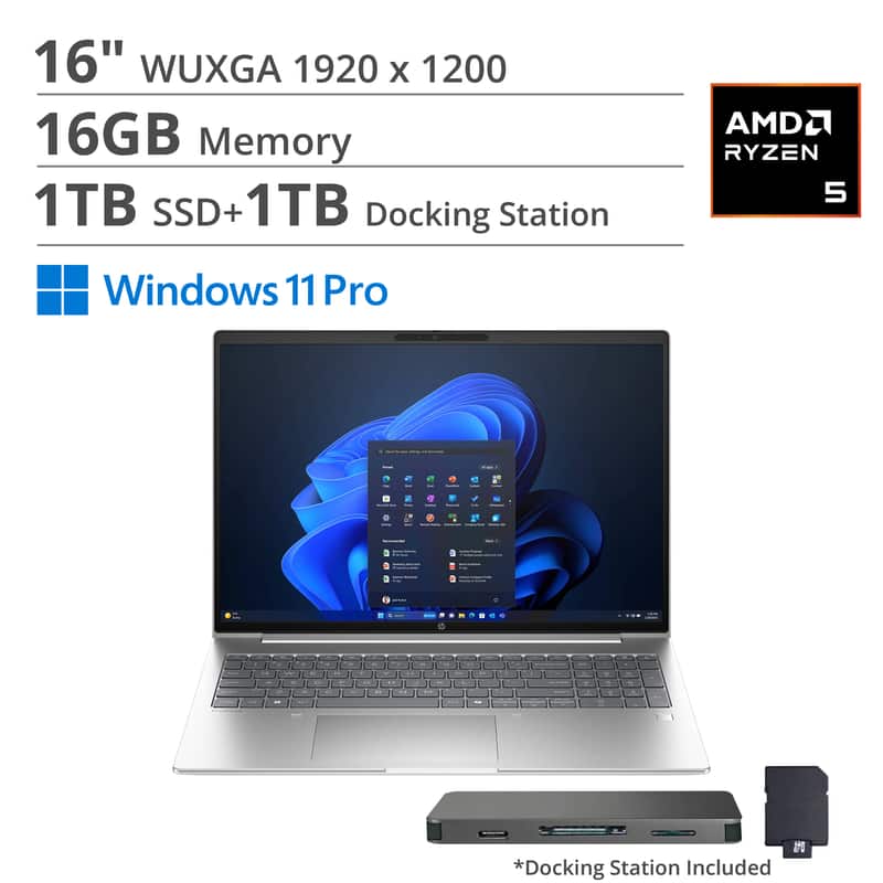 HP - ProBook 4 G1a 16" WUXGA Laptop,Ryzen 5 230,16GB RAM,1TB SSD+1TB Dock Set,Fingerprint,Backlit KB,Win 11Pro - Silver